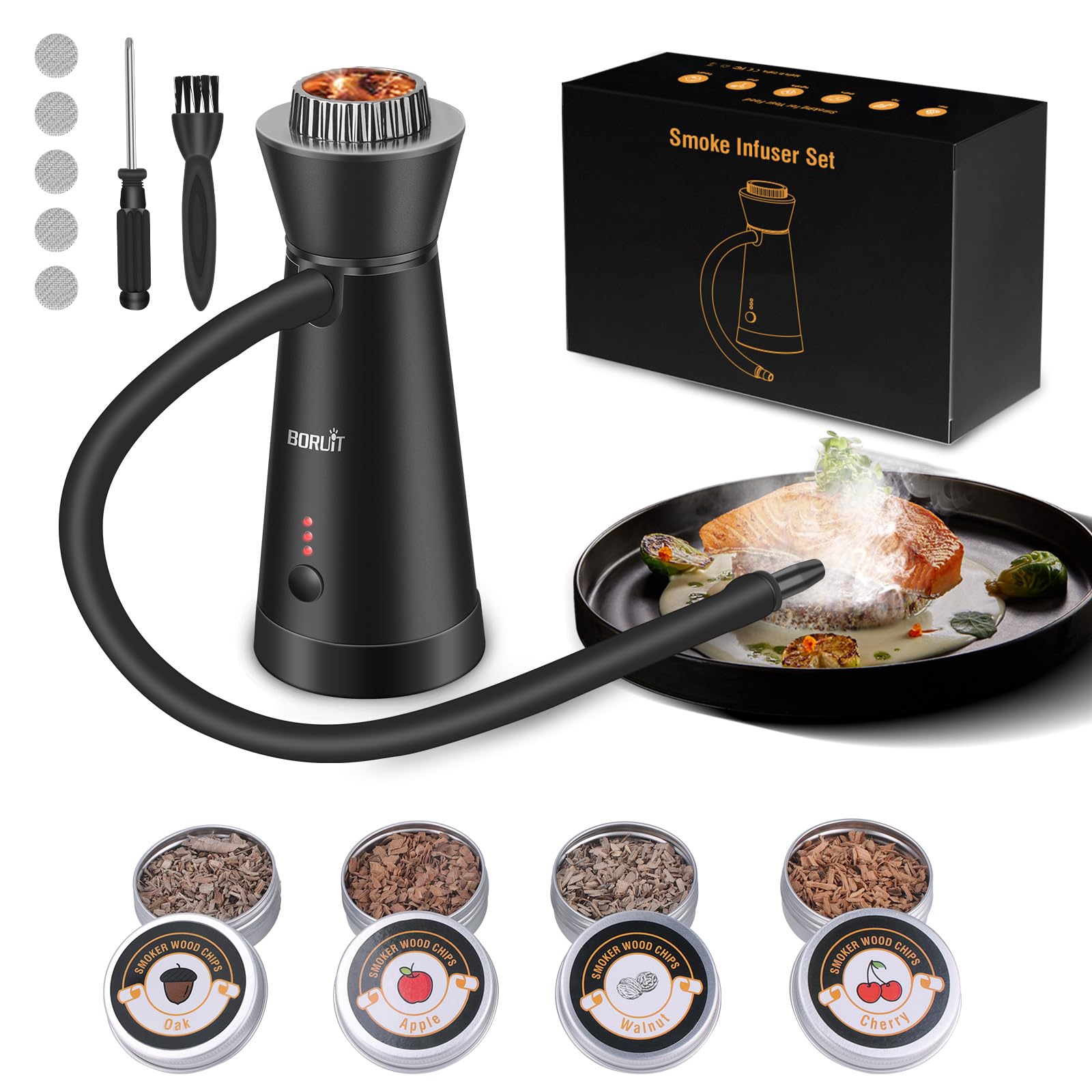 BORUiT SK301B Pistola de Humo, Aleación de Aluminio Infusor Ahumador con Paquete de 4 Virutas de madera, para la Cocina, Carne, Cócteles, Queso, Barbacoa (Negro 1)