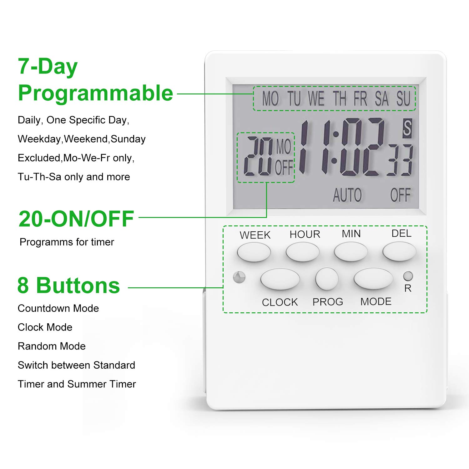 Outlet Timer, Digital Countdown Plug-in Timer Outlet, 7 Day Weekly Programmable 110V AC Power Outlet Timer, Energy-Saving Indoor Timer Plug
