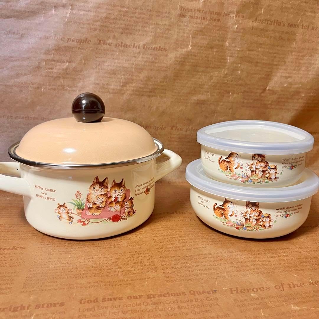 ヴィンテージ レトロ ねこのホーロー鍋