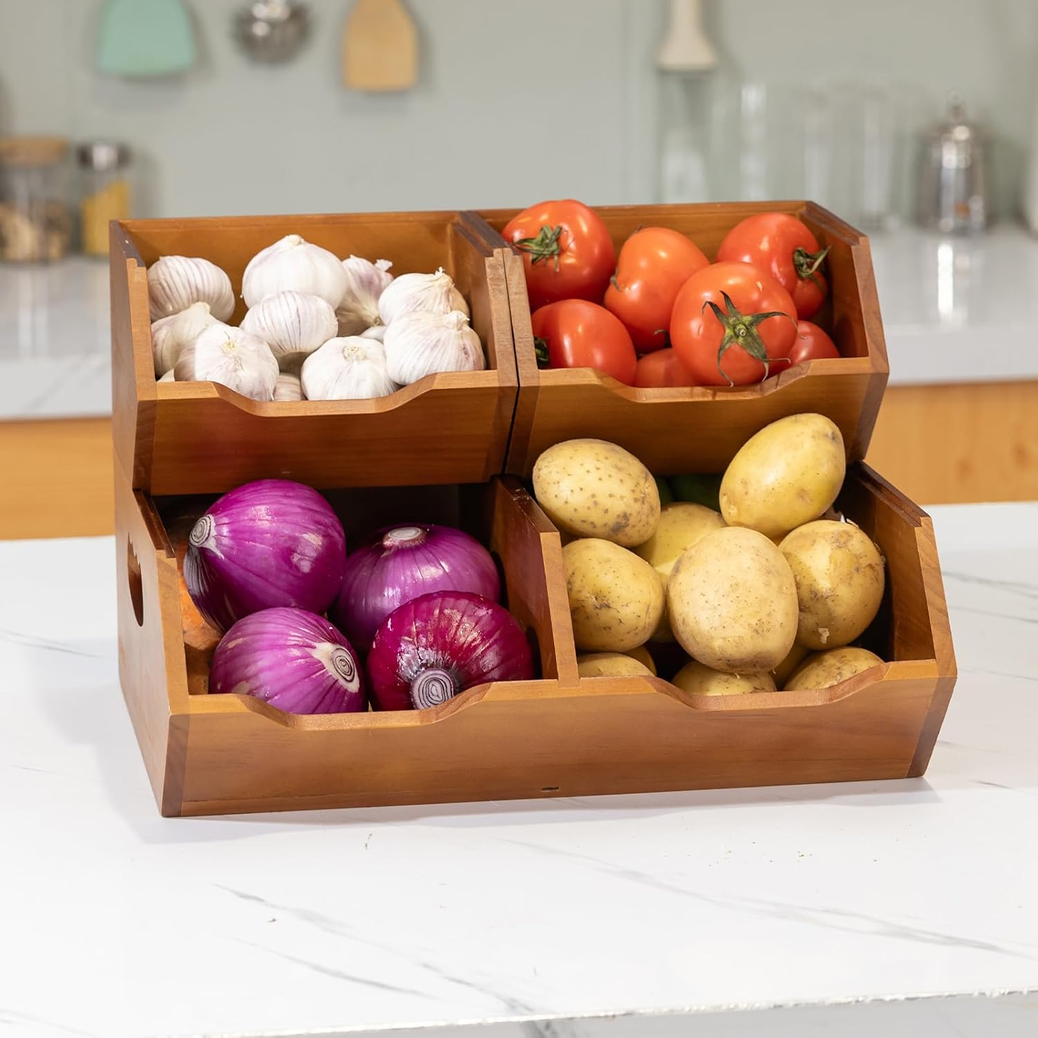 Aquzee Wooden Pantry Storage Bins, Stackable Potato and Onion Storage Bin, 4 Compartments Kitchen Organizer, Countertop Vegetable Baskets for Produce, Veggies, Snacks