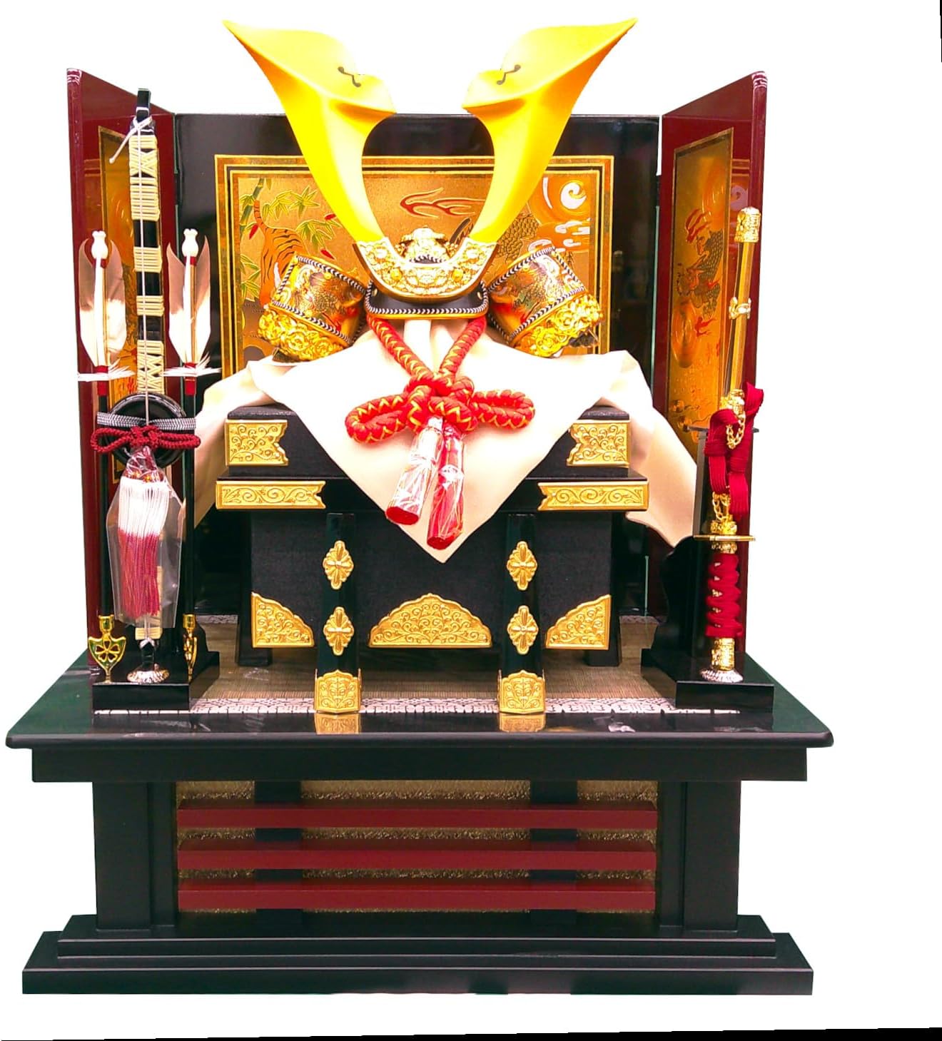 飛龍 卸兜飾 25号 山吹ヒスイ木龍頭 金箔 漆塗りきケース飾り 飛龍 卸兜飾 25号 山吹ヒスイ木龍頭 金箔 漆塗りきケース飾り