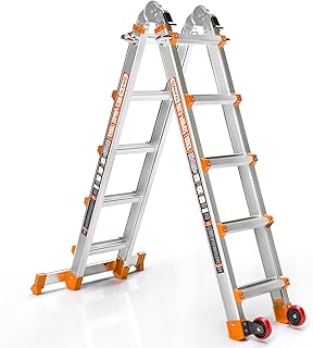 Telescoping A-Frame Ladder- 17FT Folding Extension Ladder with Wheels & Stabilizer Bar, 330lb Security Load Multi Position Ladders for Stairs Home Indoor Outdoor Roof