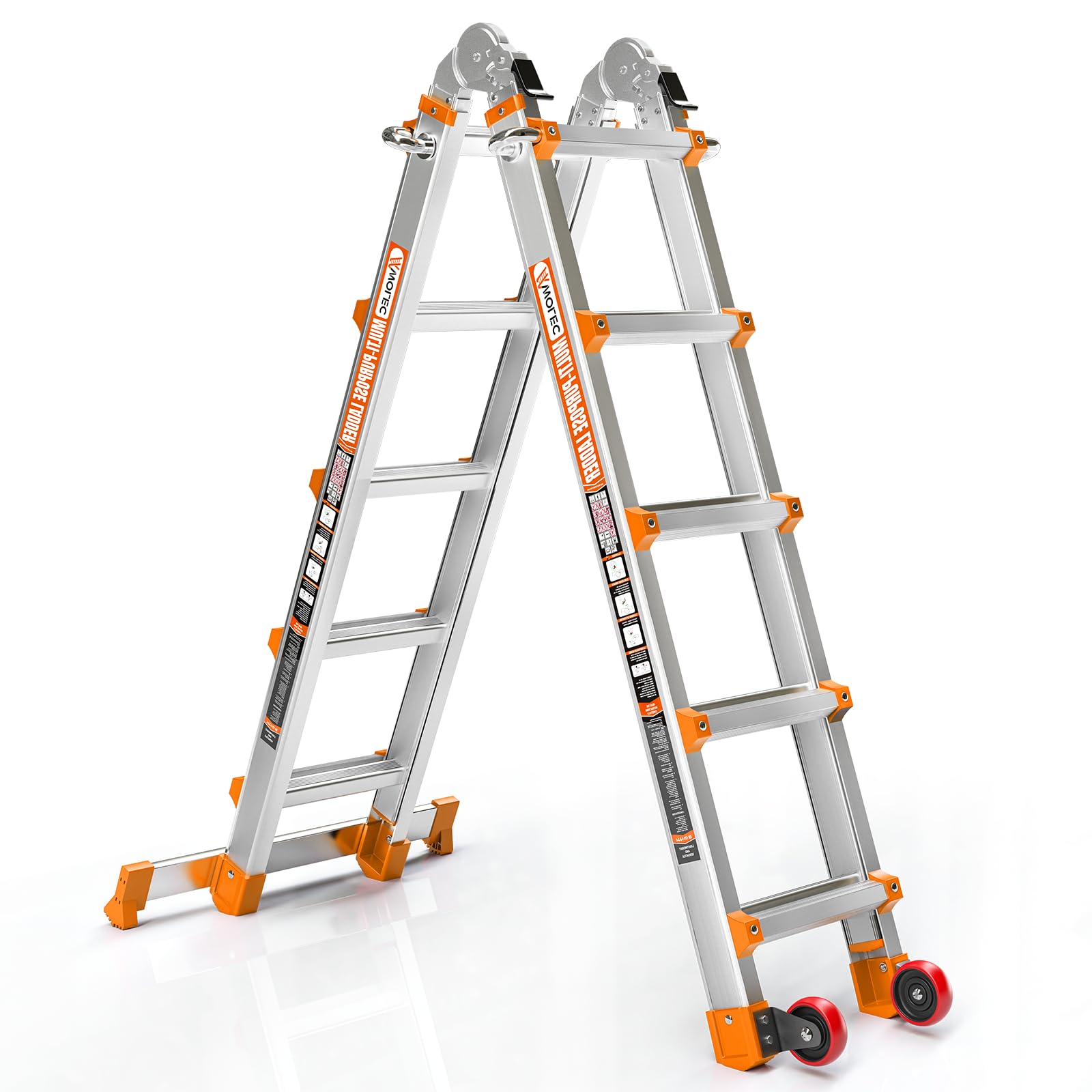 Wolec Telescoping A-Frame Ladder- 17FT Folding Extension Ladder with Wheels & Stabilizer Bar, 330lb Security Load Multi Position Ladders for Stairs