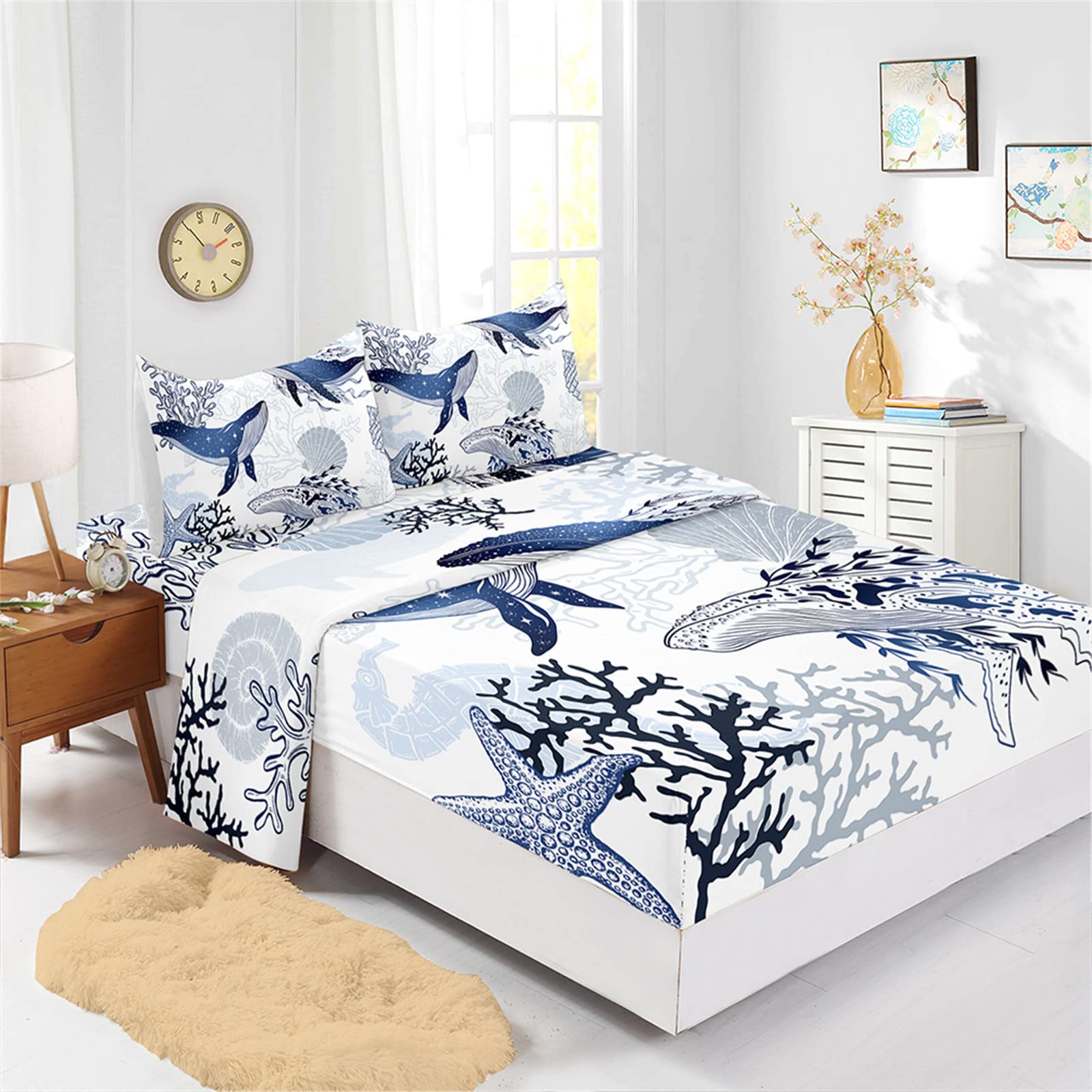 Odot Lenzuolo sotto, Lenzuolo Piano e Federe - Motivo Animale Set Lenzuola sotto, profondità 40cm, per Letto Singolo Matrimoniale e Una Piazza e Mezza (Balena Blu,150x200cm-4 Pezzi)