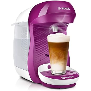 Tassimo Happy Capsule Machine TAS1001 Coffee Machine by Bosch Over 70 Drinks Fully Automatic Suitable for All Cups Space Saving 1400 W White/Pink [Energy Class B]