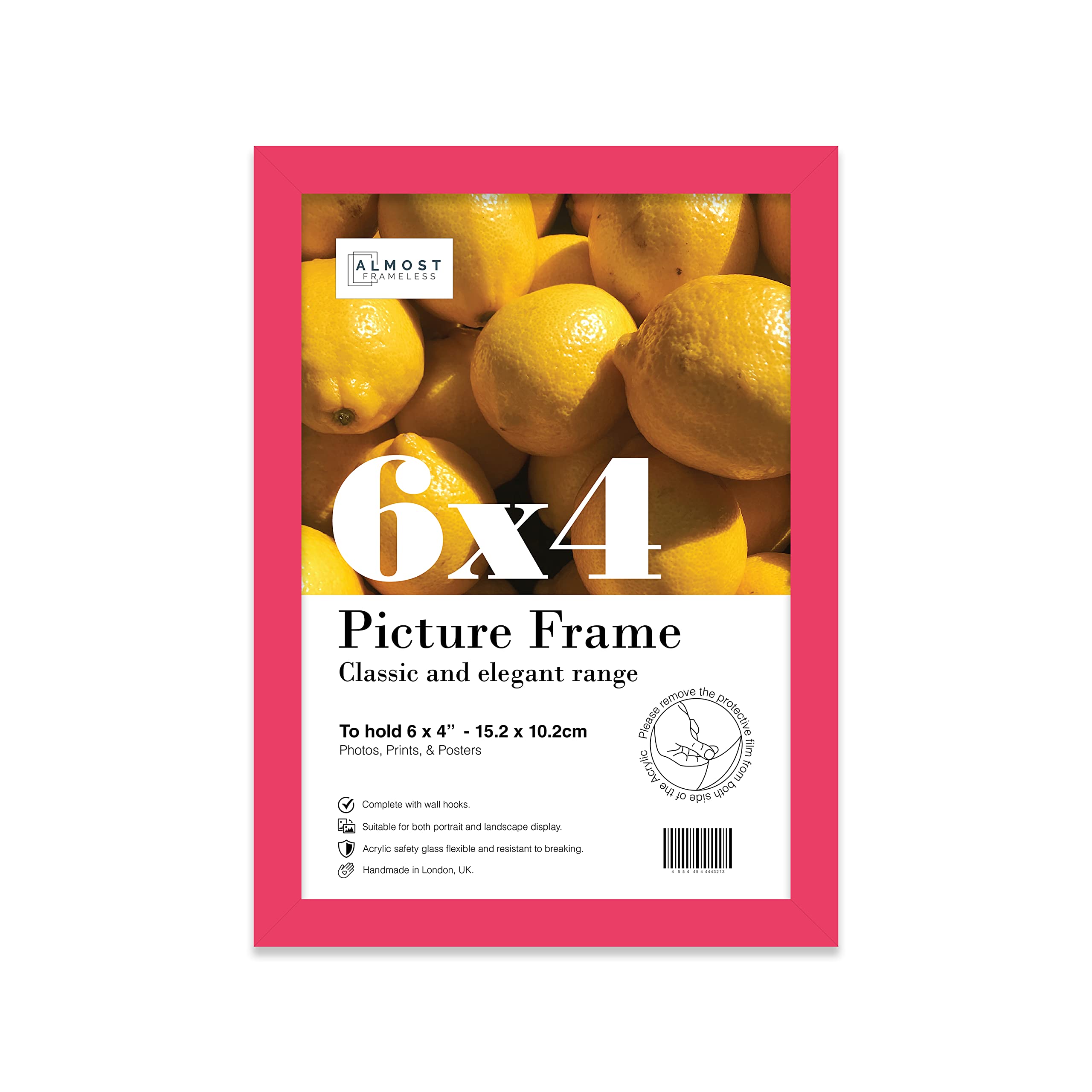 Almost Frameless 6x4 Bright Pink Picture Frame 6"x4"(15.2x10.2cm) Poster, Photo, Artwork, or Print. Thin Edge Slim Frame Portrait and Landscape Display with Wall Hooks