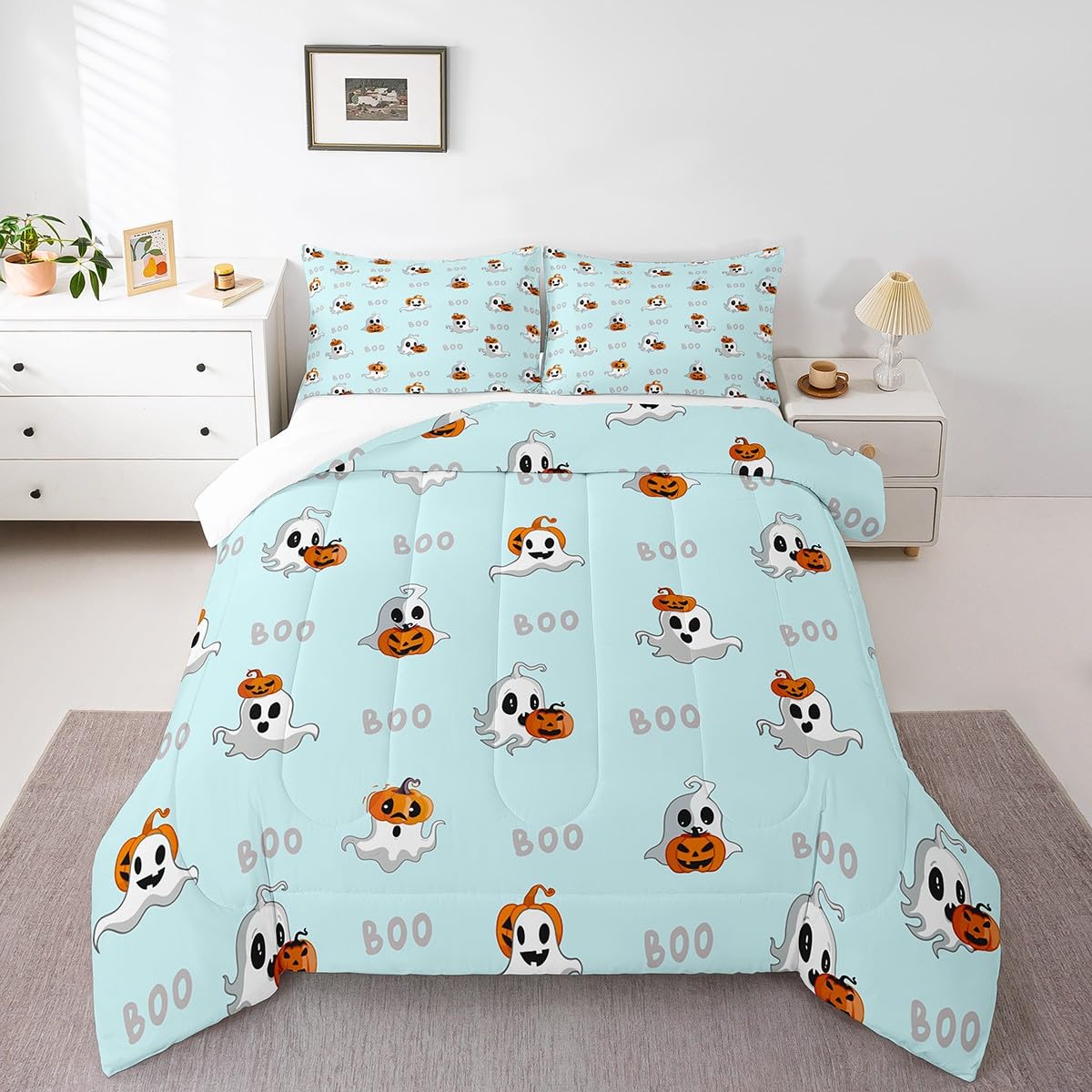 Parure de lit Halloween fantôme mignon citrouille couette duvet enfant ado fille garçon