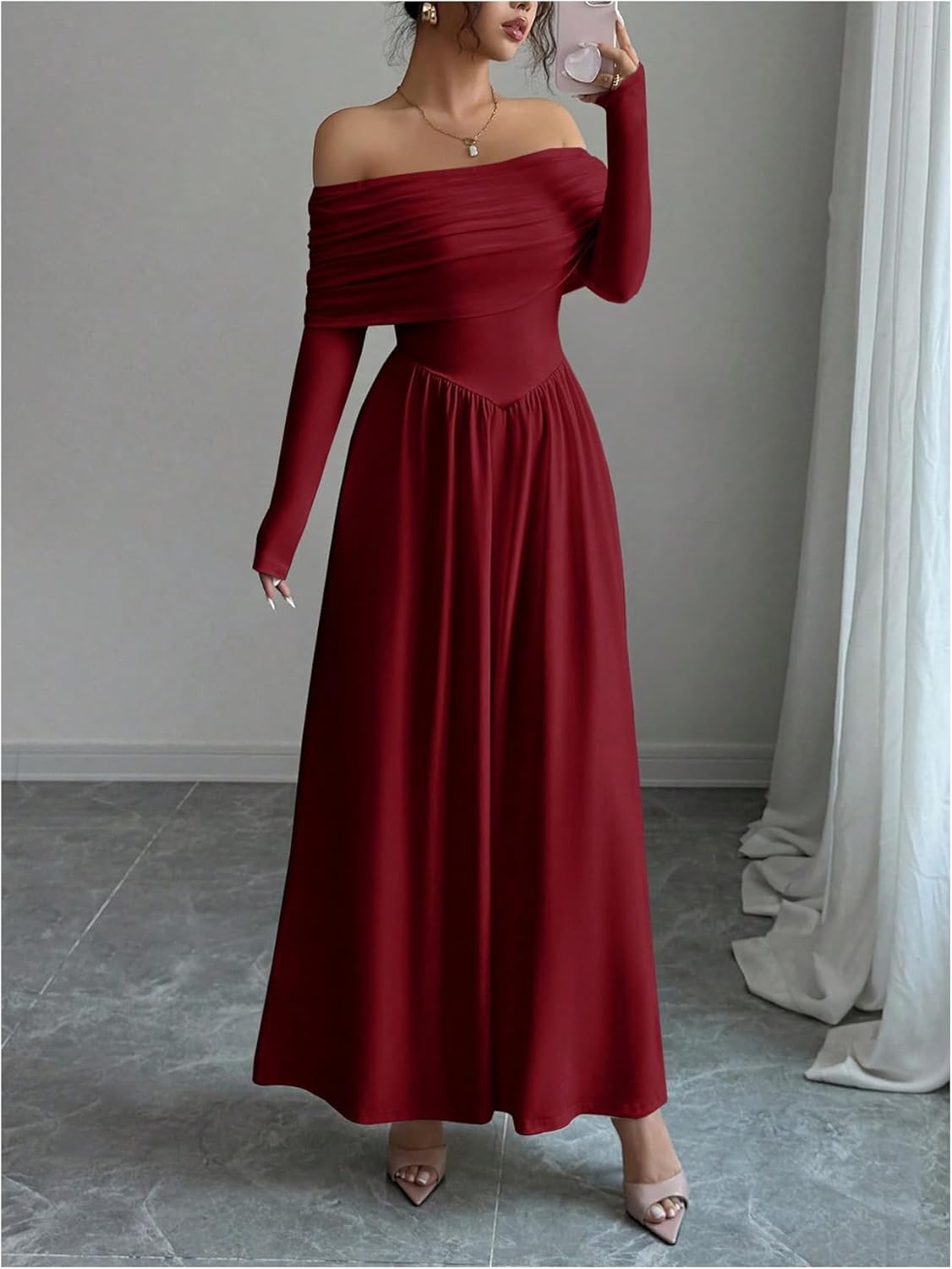 Floerns Women's Elegant Off The Shoulder Maxi Dress Long Sleeve A Line Formal Wedding Guest Dresses - Image 5