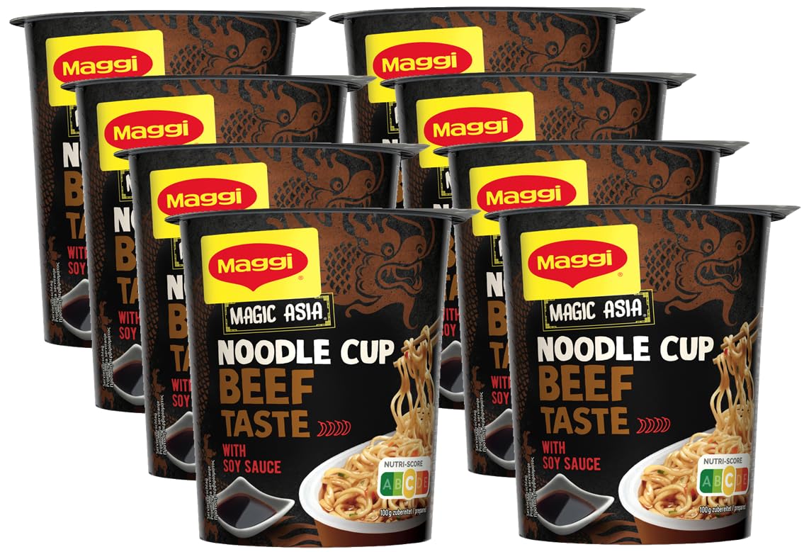 MAGGI Magic Asia Noodle Cup Beef, leckeres Fertiggericht in Brühe mit Rind-Geschmack und Gemüse im praktischen Becher, 8er Pack (8 x 63g)