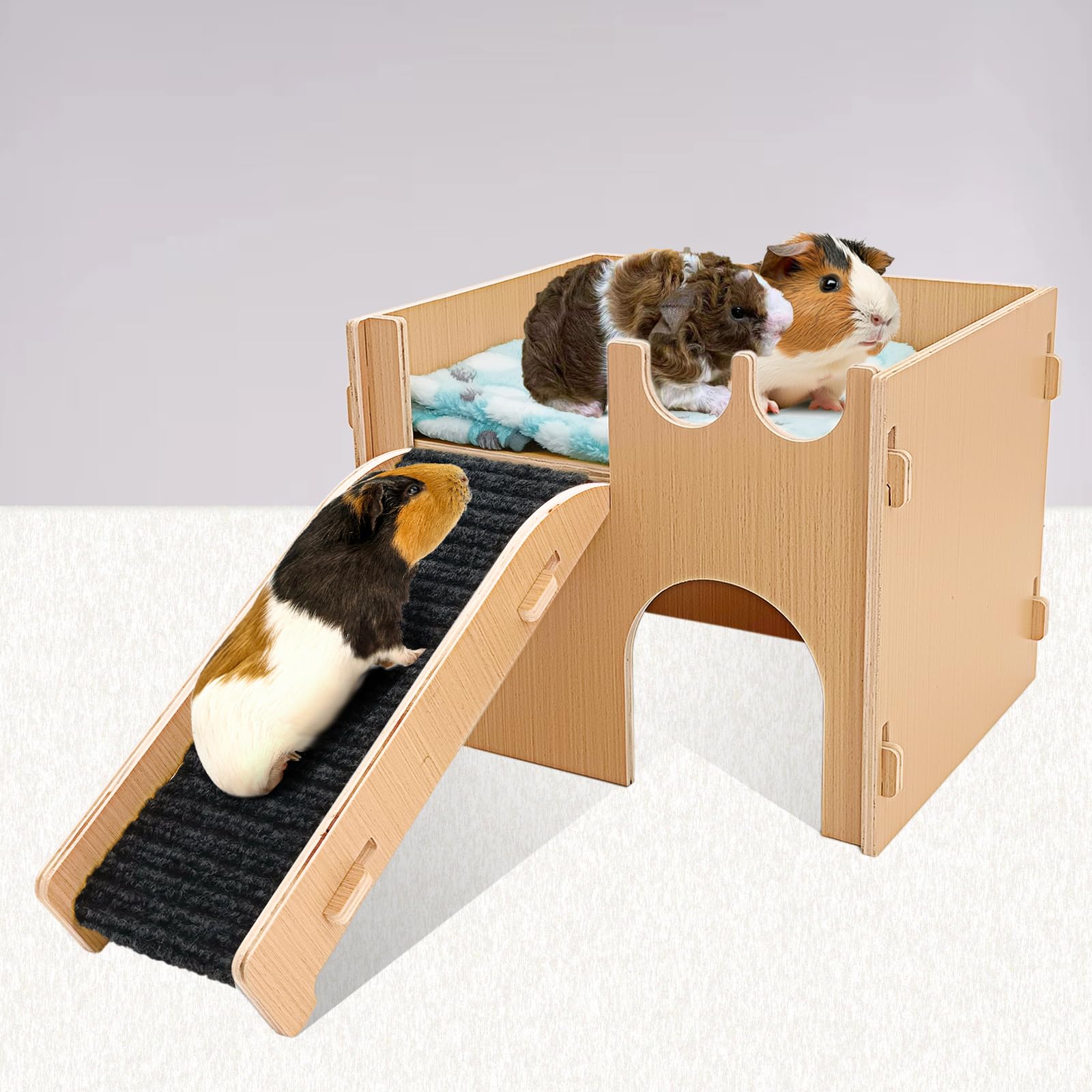 Mooydee Guinea Pig Castle Hideout, Wooden Hamster House with Stairs & Mat, Large Ventilated Guinea Pig Hut Habitat Bed with 2 Doors for Small Pet Chinchilla Bunny Hedgehog Gerbil Rat