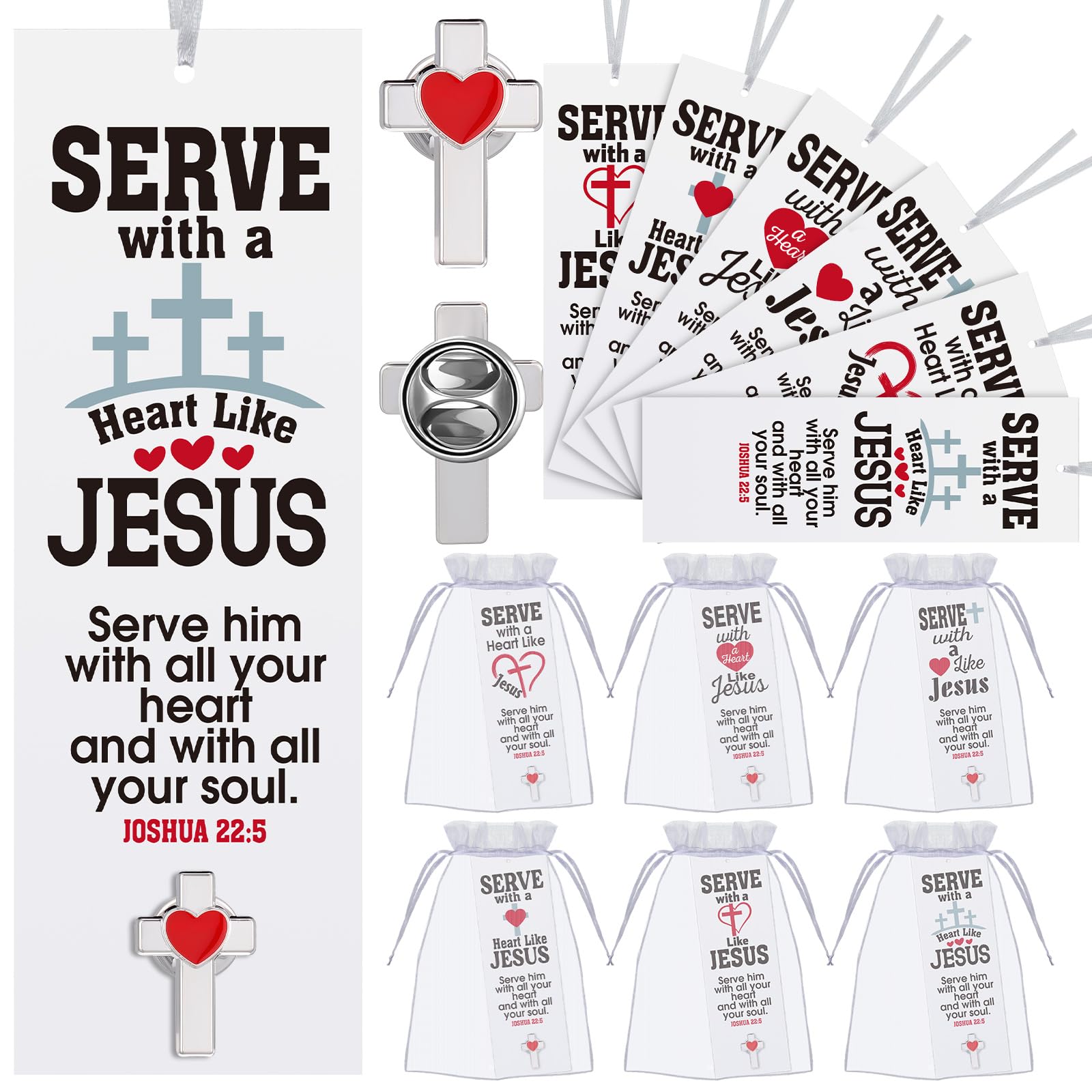 Supervitae 24 Pcs/ 12 Sets Serving with a Heart Like Jesus Bookmark with Cross Heart Pin Include 12 Christian Joshua 22: 5 Bookmarks 12 Cross Pin for