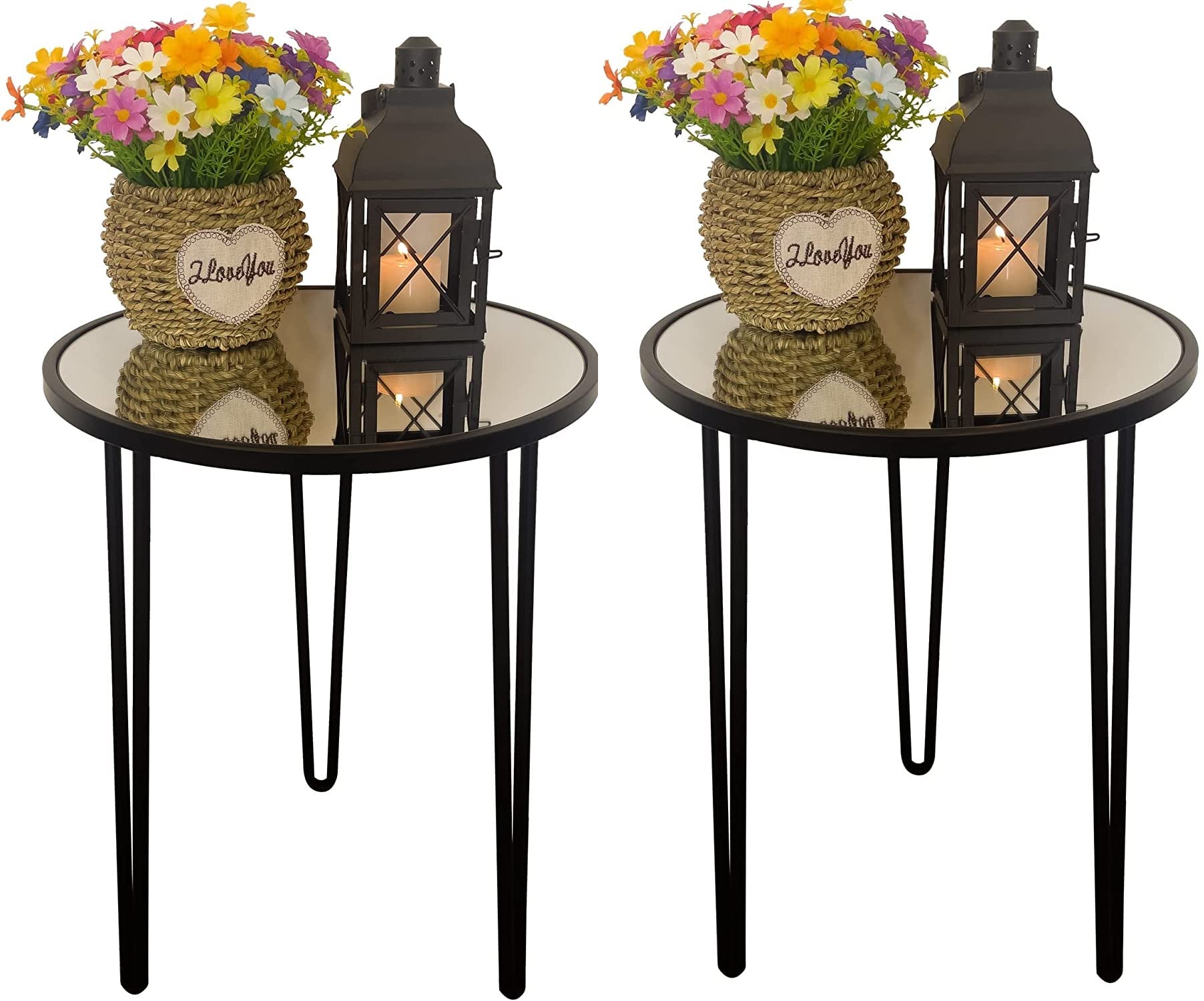 Rumi Craft Modern Mirrored Accent Side Table for Living Room - Small Glass Table with Gold Frame - Stylish and Easy Assembly - Enhance Your Home Décor (2, Black-Mirror)