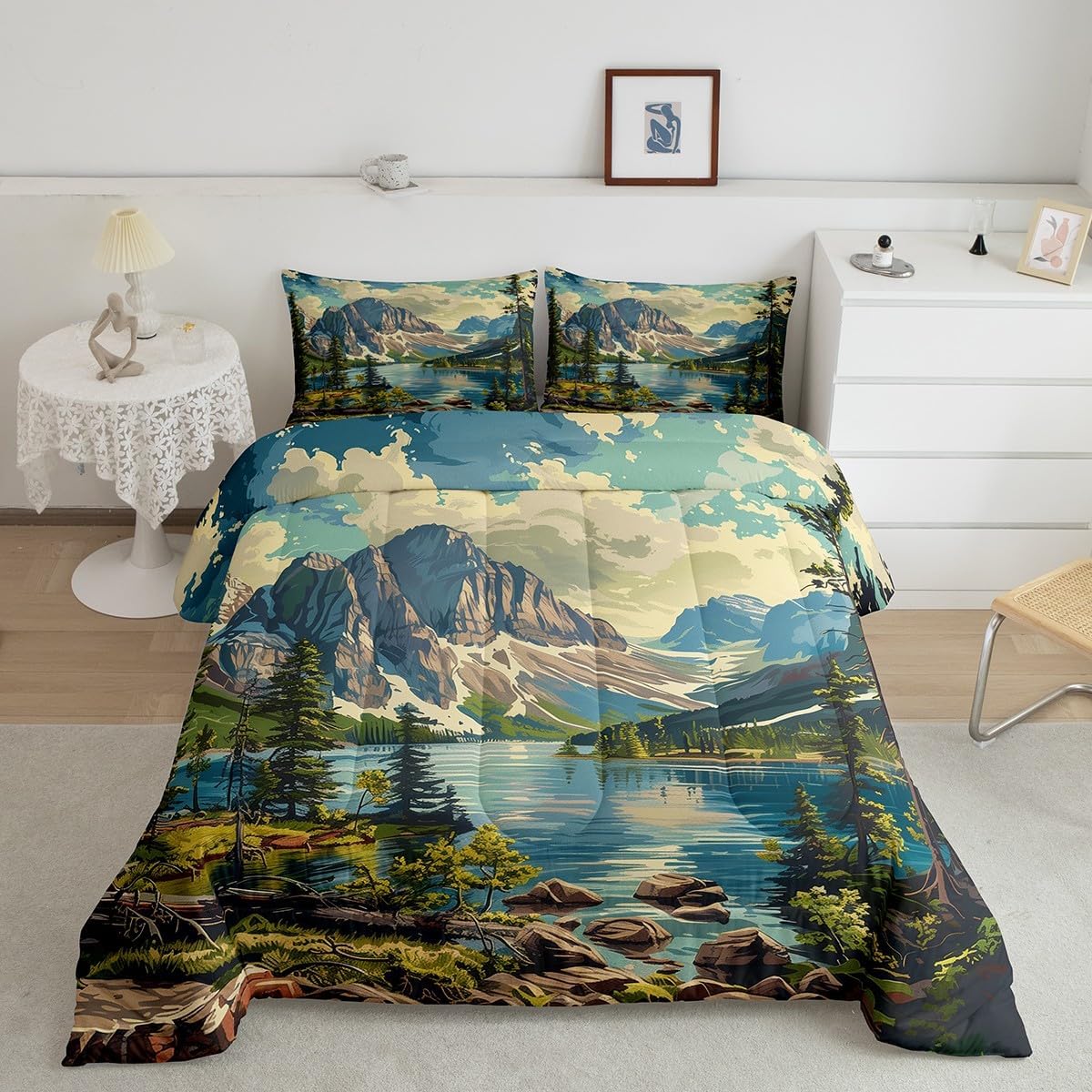 Mountain River Comforter Set Twin Size,Woodland Camping Adventure Duvet Insert 2Pcs,Camping Theme Bedding Set for Kids Teens Adults Room Decor,Nature Scenery Lake House Quilt Set,1 Pillowcase