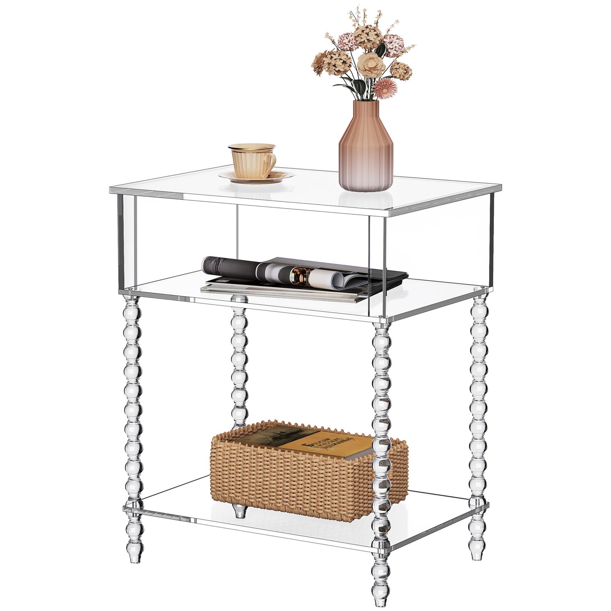 acrylic side table, clear 3-tier end table with storage, nightstand for living room, bedroom, office (clear, large)