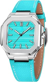 Men's Automatic Octagonal Watch, Sapphire Glass Silver Stainless Steel Case, Navy Blue Genuine Leather Band, Water Resistant Analog Display
