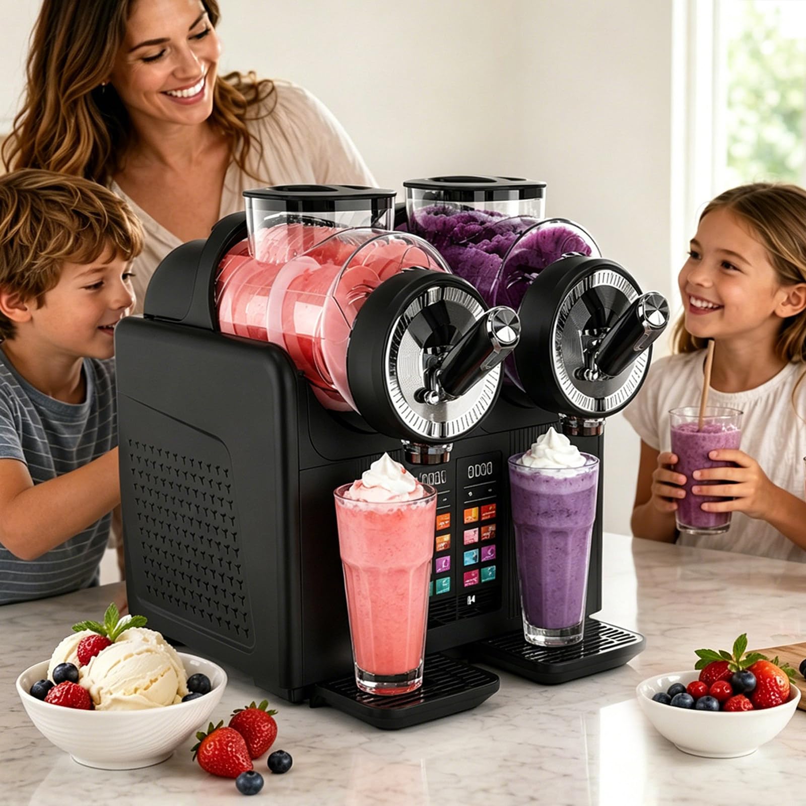 2-in- Slushie Machine and Soft Serve Ice Cream Maker, 2×2L Tank Slushy Machine, 6 Preset, Adjustable Temp, For Slushies, Milkshakes, Granitas, Soft Serve, Home Parties and Small Cafes Black
