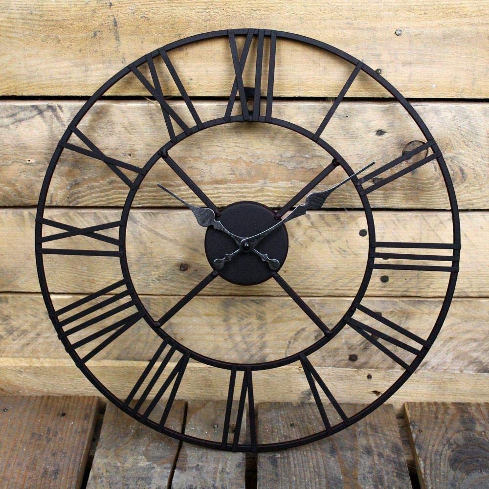 Grande horloge murale de jardin en métal de 40cm au design fer forgé épuré