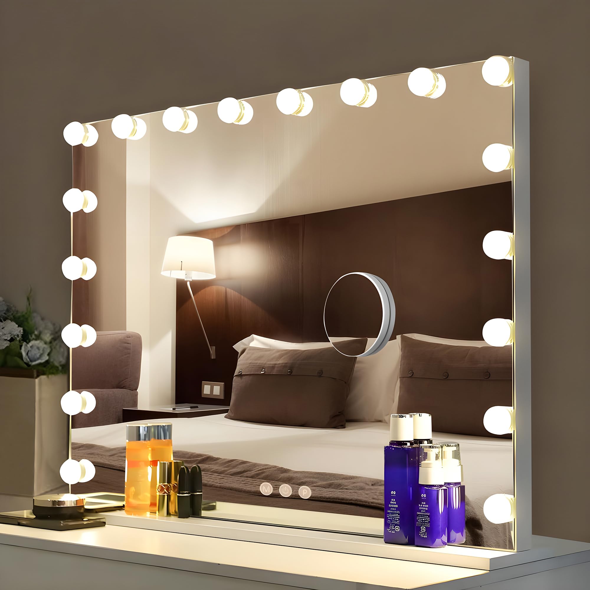 Bayt Makeup Mirror with Light 80 x 60 cm, Hollywood Mirror with 18 Bulbs, 10x Magnification Mirror, Adjustable, Magnification, White