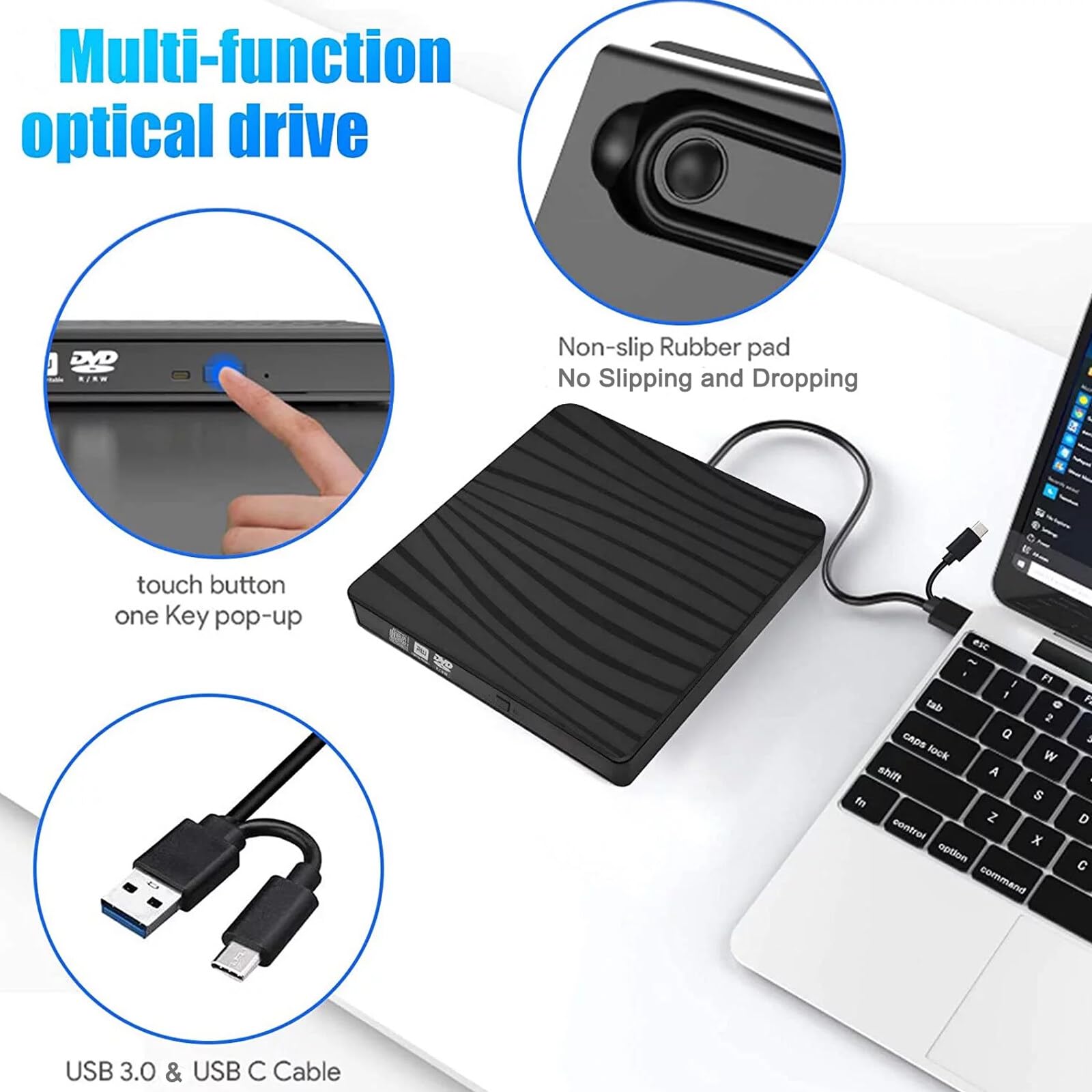 Zewnętrzny napęd DVD, USB 3.0 i Typ-C, przenośny napęd CD DVD +/-RW ROM do laptopa, komputera stacjonarnego, CD DVD, nagrywarki kompatybilny z systemami operacyjnymi Windows XP/2003/Vista/7/8/10/11