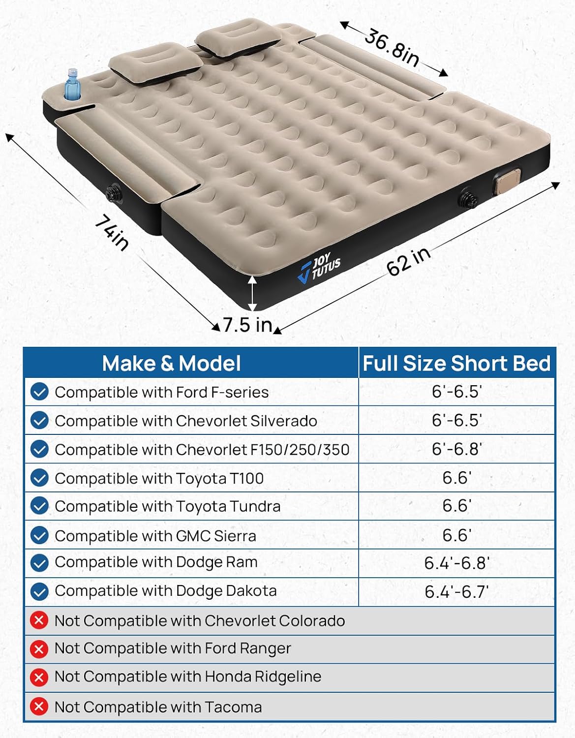 JOYTUTUS Truck Bed Air Mattress for 6.4-6.7Ft with Built-in Air Pump, Full Size Inflatable Mattress Short Beds for Outdoor Camping,with Carry Bag&Cup Holder image 3
