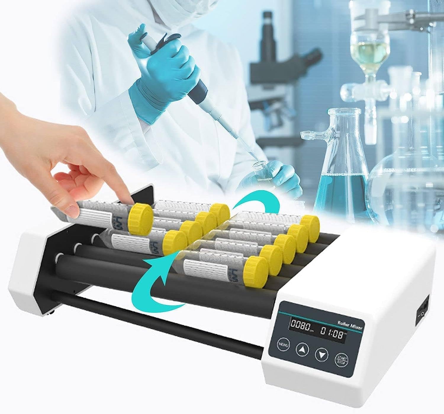 Lab Roller Mixer with 6 Rollers, Orbital Rotator Shaker with Timer Mode, LCD Digital Speed Adjustable Roller Mixer, Rolling and Swinging, Timed and Continuous Operation Modes