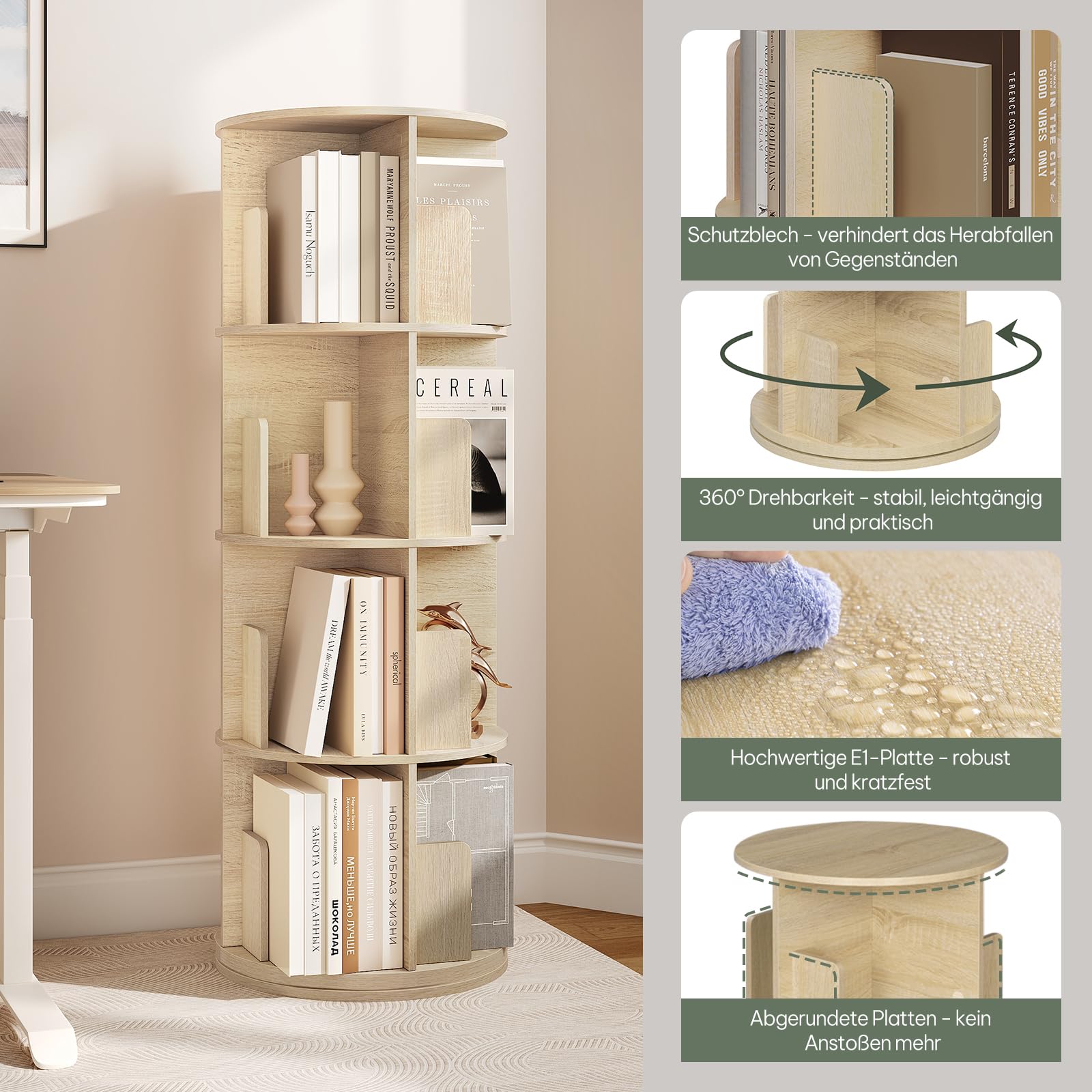EUGAD drehbares Bücherregal 360 Grad, 4 Ebenen 16 Fächer, Standregal, Drehregal, Büroregal, Dekoregal, Lagerregal, für Wohnzimmer Schlafzimmer Büro Kinderzimmer, helle Eiche, φ44xH127,4 cm 0045SHG
