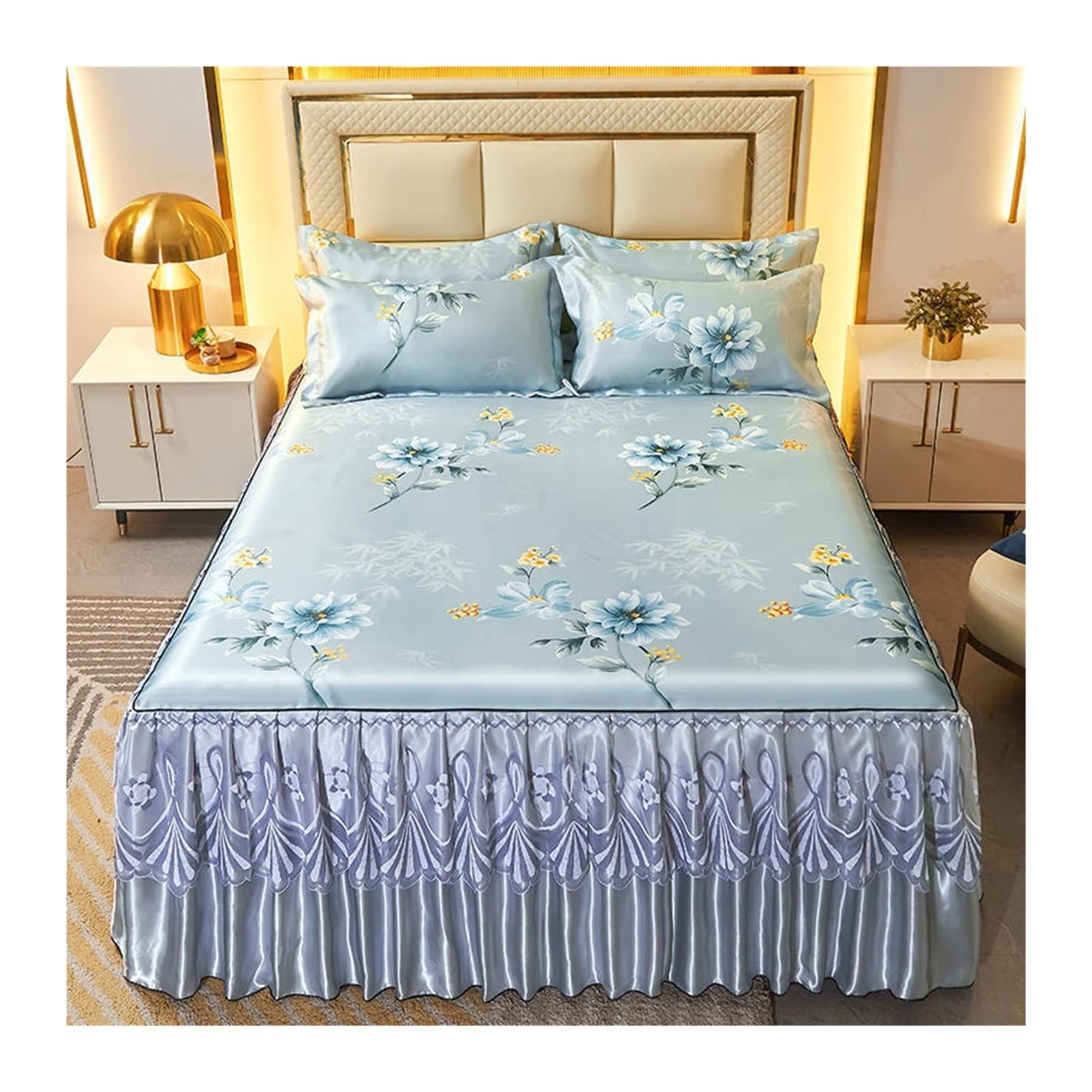 Sabanas Seda Juego de 3 uds de Falda de Cama de Seda Helada de Estilo Princesa, Funda de Almohada, Colcha de Encaje de tamaño Queen King, sábana Suave y Fresca(Tape-1,200x220cm 3pcs)