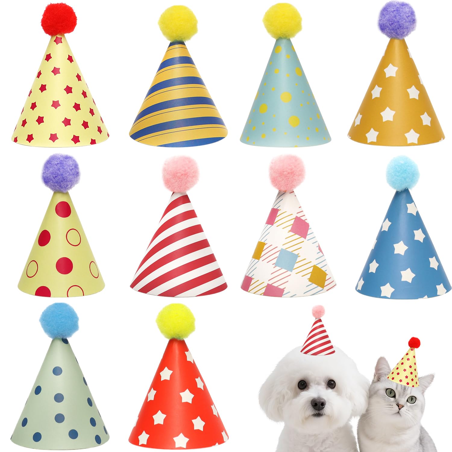 10-pack Assorted Color & Pattern Cat Dog Party Hat with Adjustable String | Cone with Plush Balls Cat Birthday Hat for Celebration & Photoshoot Props | Multi-design Tiny Party Hats for Toy Animals
