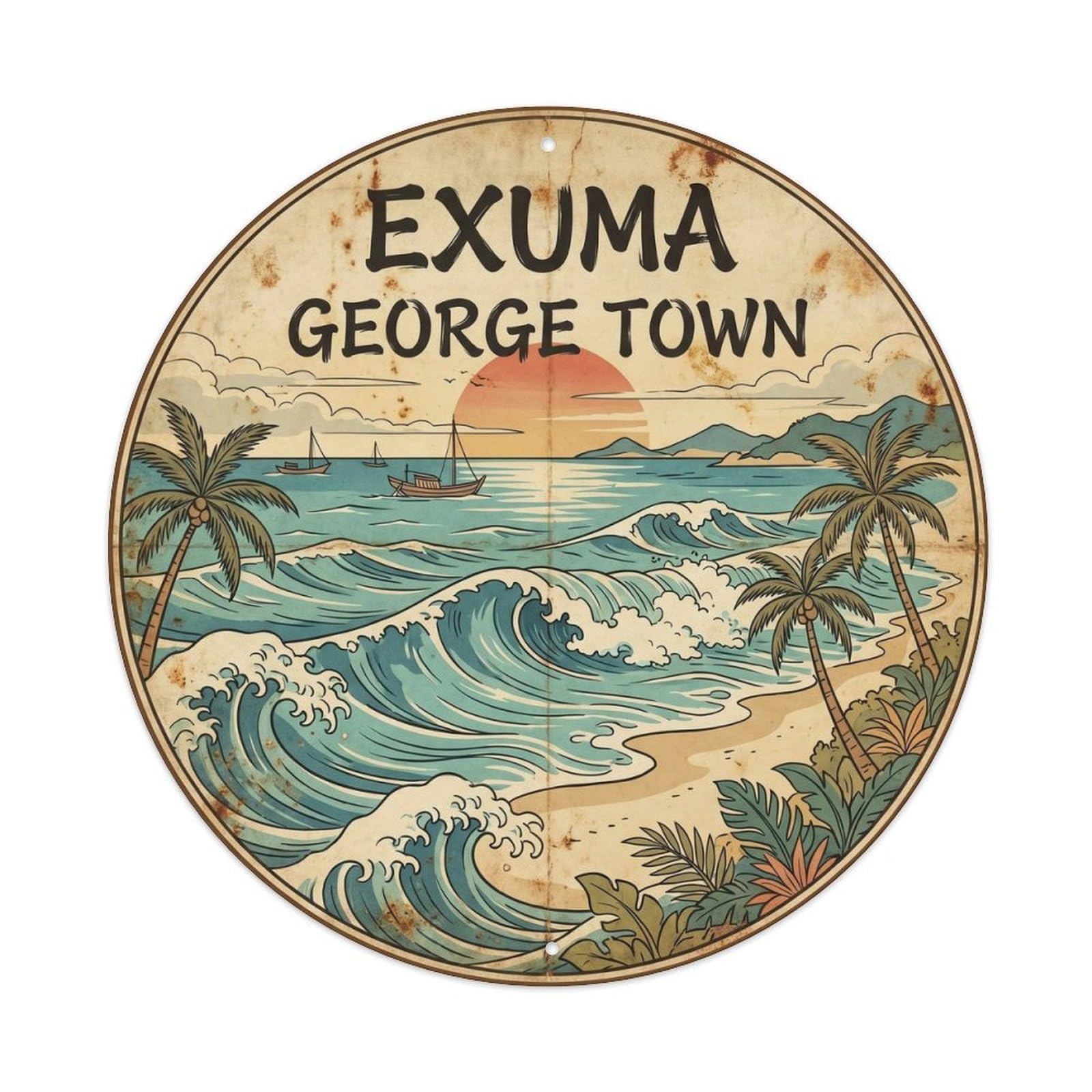 Olyhtr 8X8inch Classic Style Exuma Georgetown Beach Destination Classic Illustration Metal Tin Sign