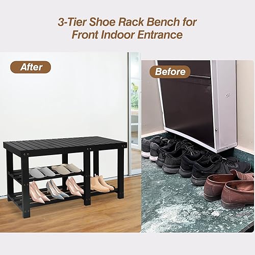 Miniatura 5 de Acehome Zapatero de entrada de 3 niveles con asiento, banco de zapatos de 33.6 pulgadas con almacenamiento, organizador de zapatos de madera,