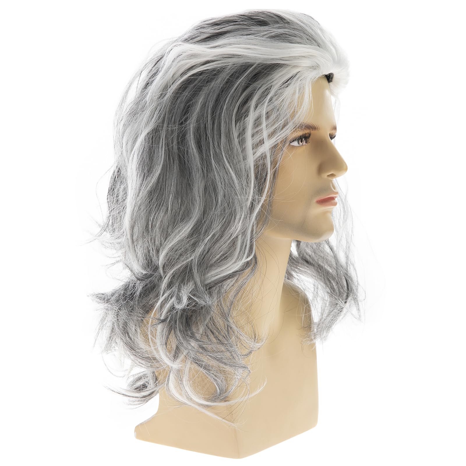 Dsimeig Long Wavy Grey Wigs for Men Synthetic Heat Resistant Cosplay Halloween Costume, 22.5 inches - Image 3