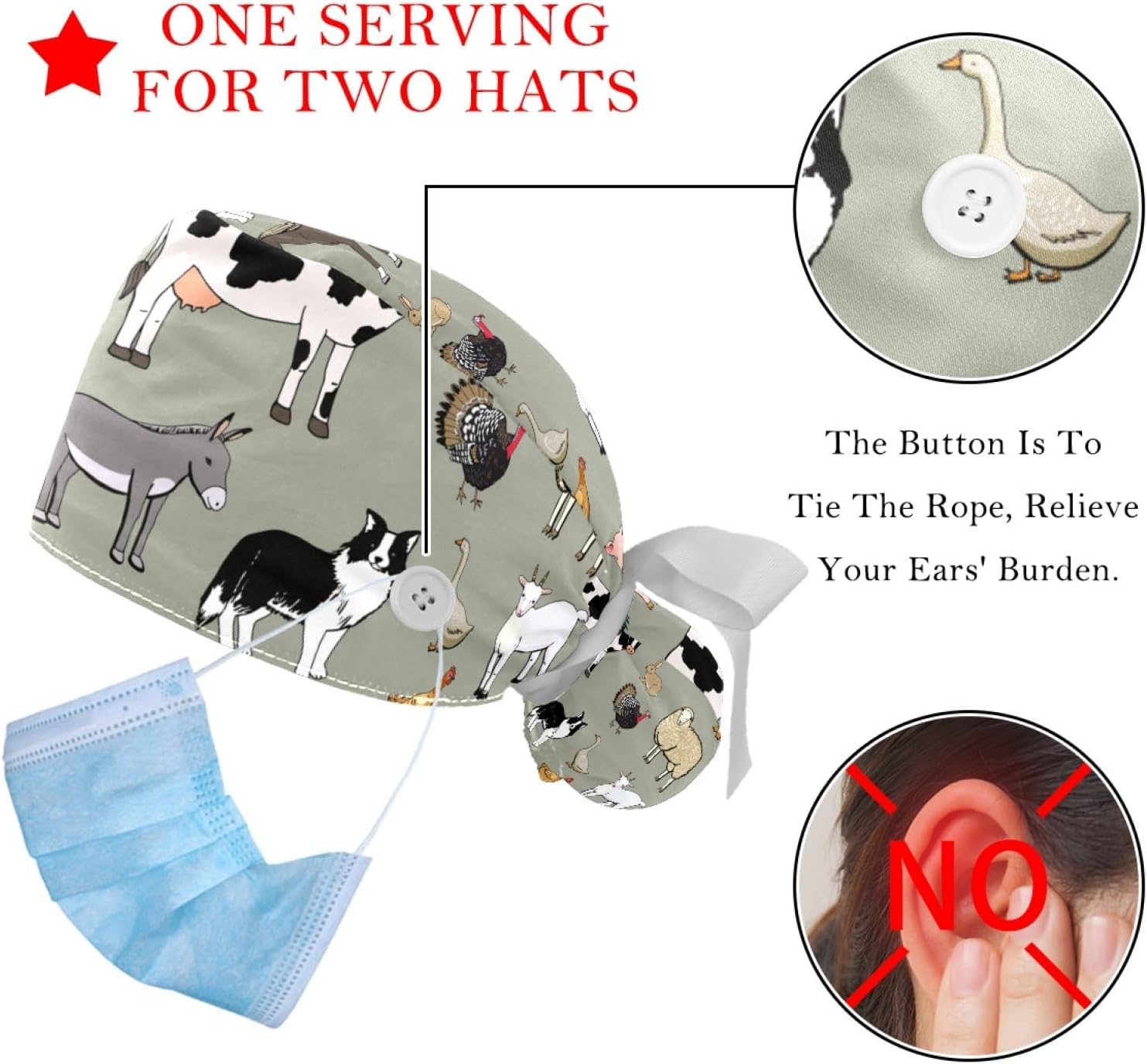 2 Packs Colorful Hand Drawn Dinosaur Scrub Caps Women Nurse Hats with Buttons Adjustable Bouffant Nurse Ponytail Holder image 3