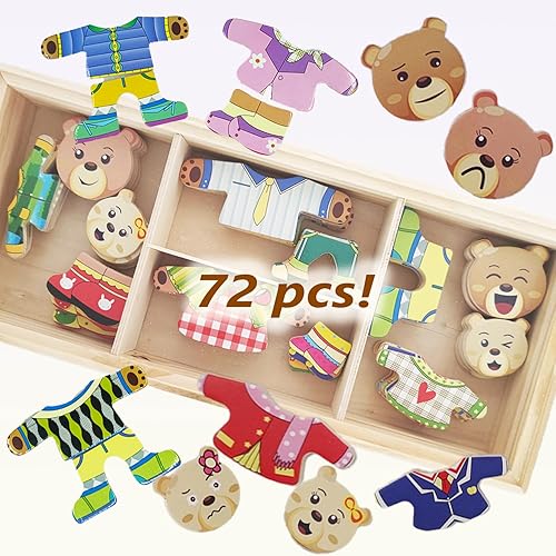 Miniatura 5 de Caja de rompecabezas de madera con oso de familia, juguetes de vestir, juego de rompecabezas de vestir (72 piezas), juegos de cambio de ropa,