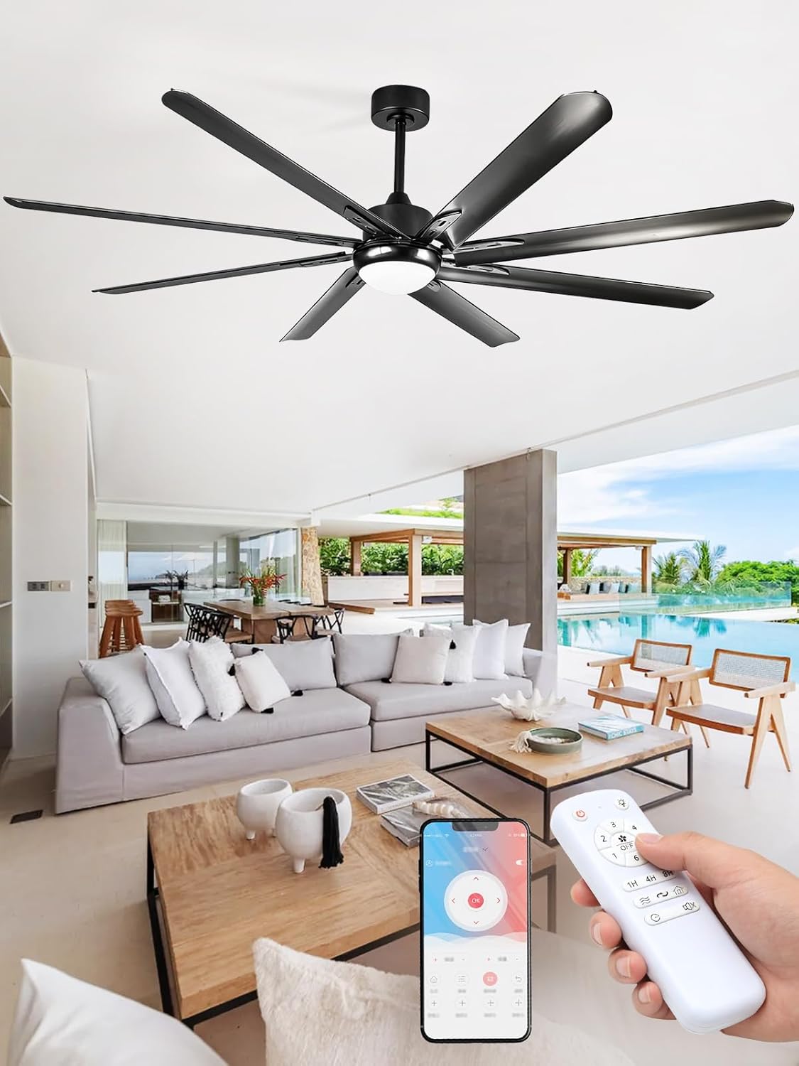 96 Inch Industrial Ceiling Fans with Lights, Large Indoor/Outdoor Ceiling Fan with Remote/APP Control, Quiet DC Motor, 8 Aluminum Blades, 3CCT, 6 Speed, Black Fans for Shop Gym Warehouse