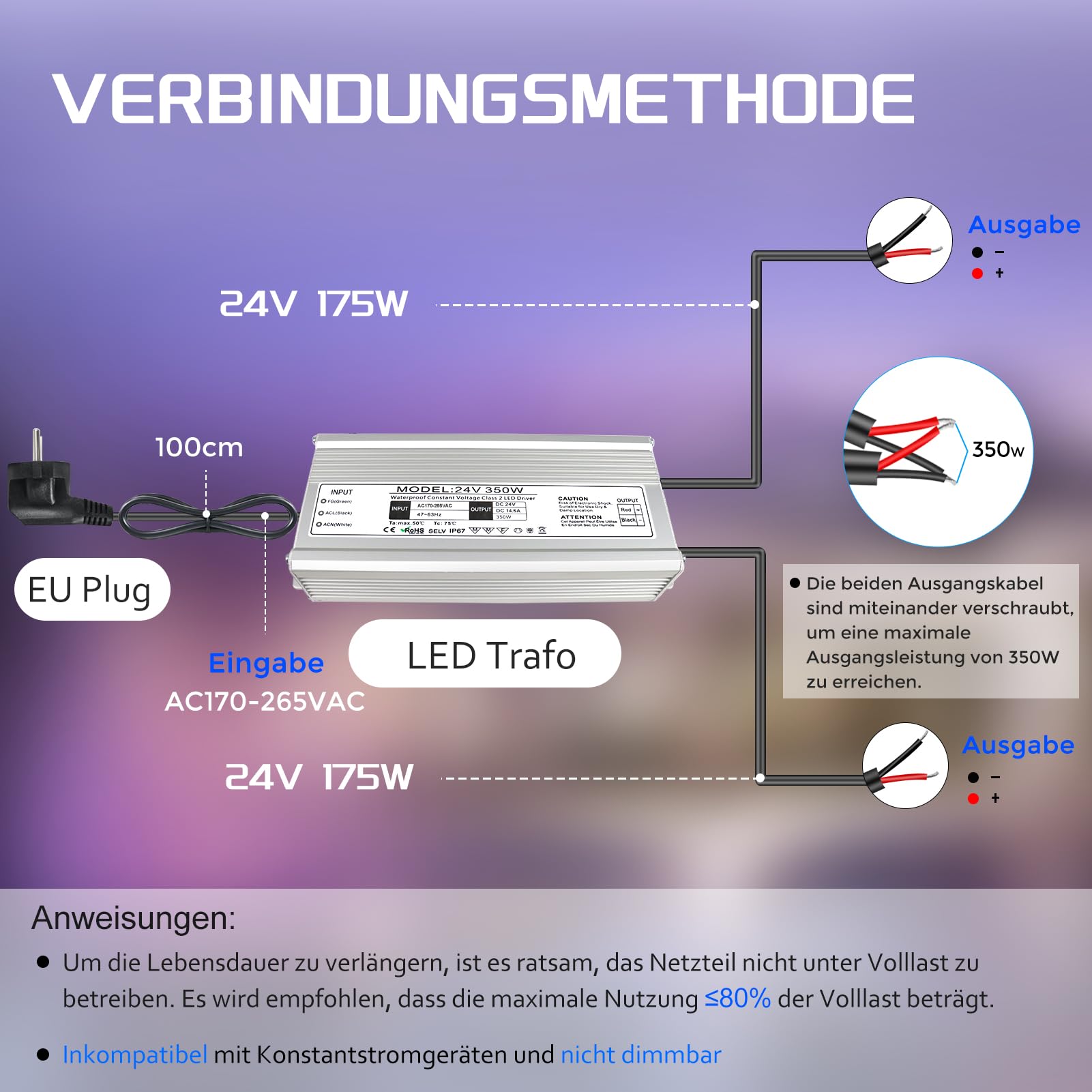 Trasformatore LED 24 V 350 W IP67, trasformatore impermeabile per esterni, con spina, alimentatore di rete, driver da 230 V a DC 24 Volt, adattatore LED Driver esterno per luci LED