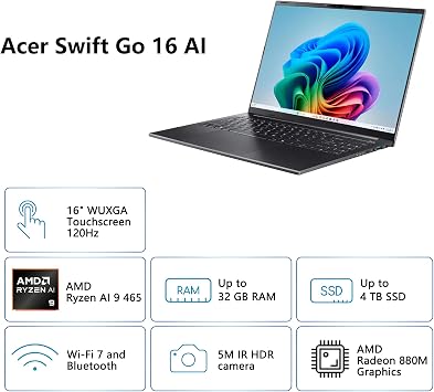 Acer Swift Go 16 AI Business Laptop | 16 WUXGA 120Hz Touchscreen (100% sRGB) | AMD 10-core Ryzen AI 9 465 (Up to 50 Tops) | 32GB DDR5 1TB SSD | Backlit WiFi7 Win11Pro w/DLCA Accessory
