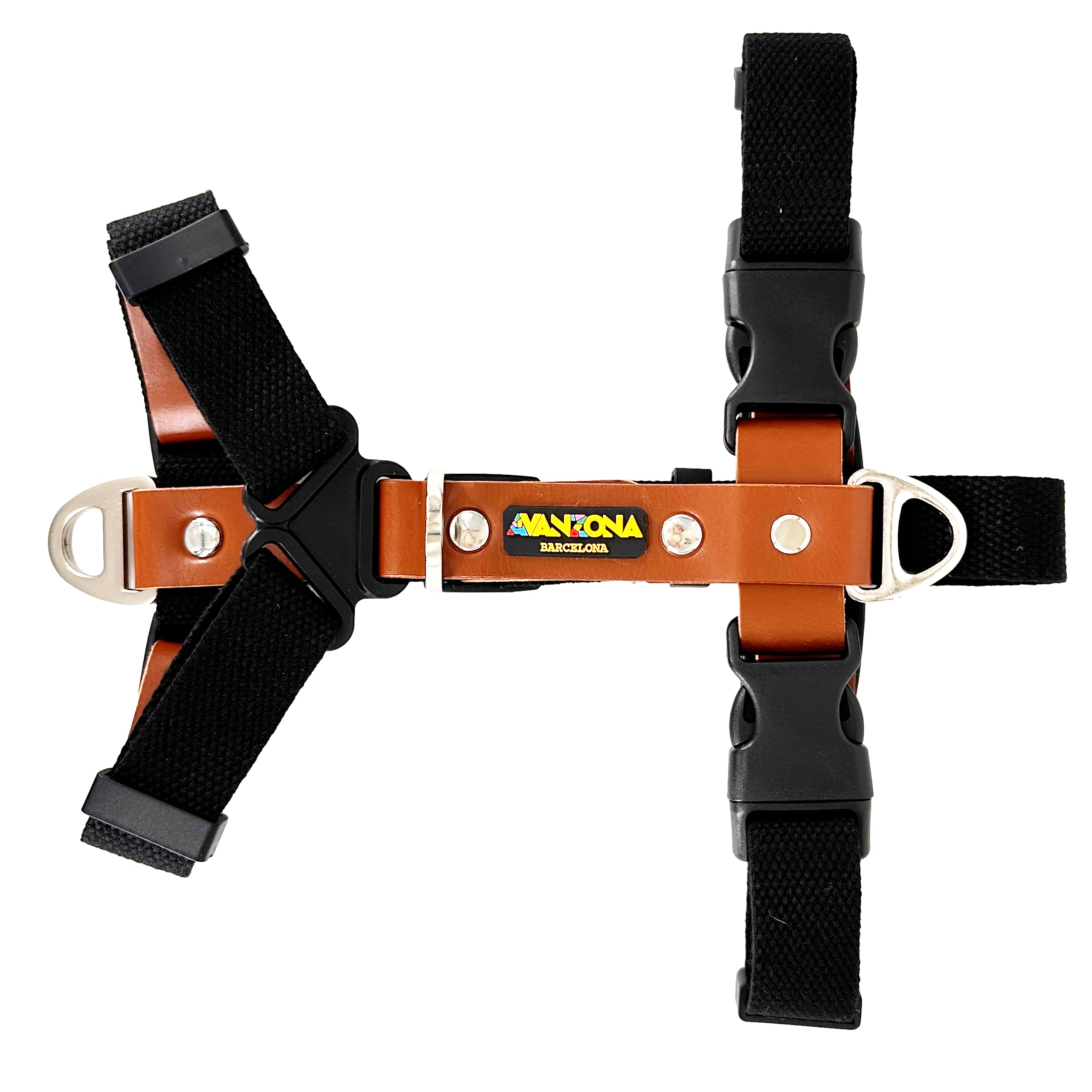Arnés para Perro en Forma H con Correa de Algodón-Poliéster y Cuero Auténtico. Negro & Coñac. M.
