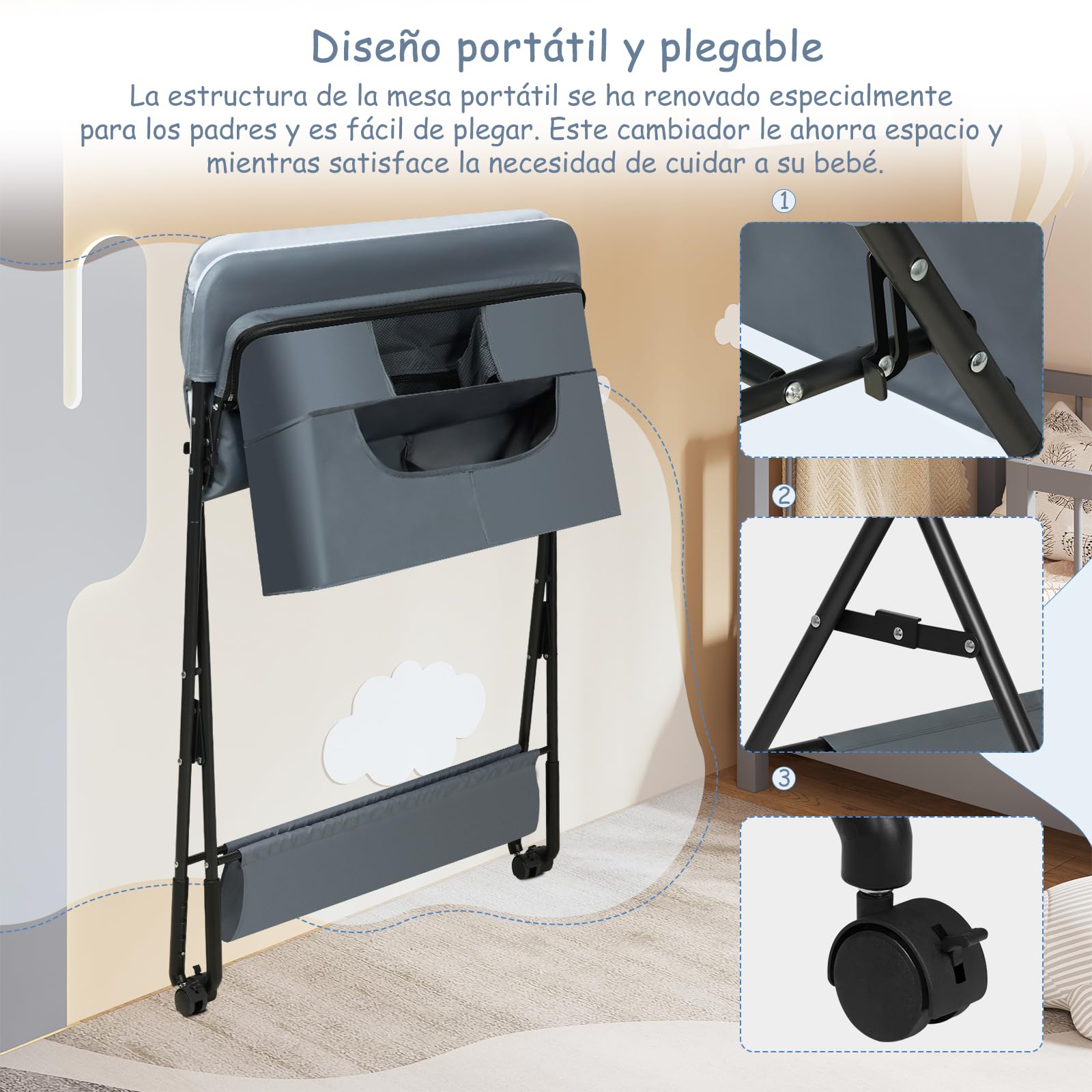 WOLTU Cambiador Bebé Plegable con Ruedas y Freno, Cambiador con Gran Espacio de Almacenaje, Tela Oxford Impermeable y Fácil de Limpiar, Color Gris