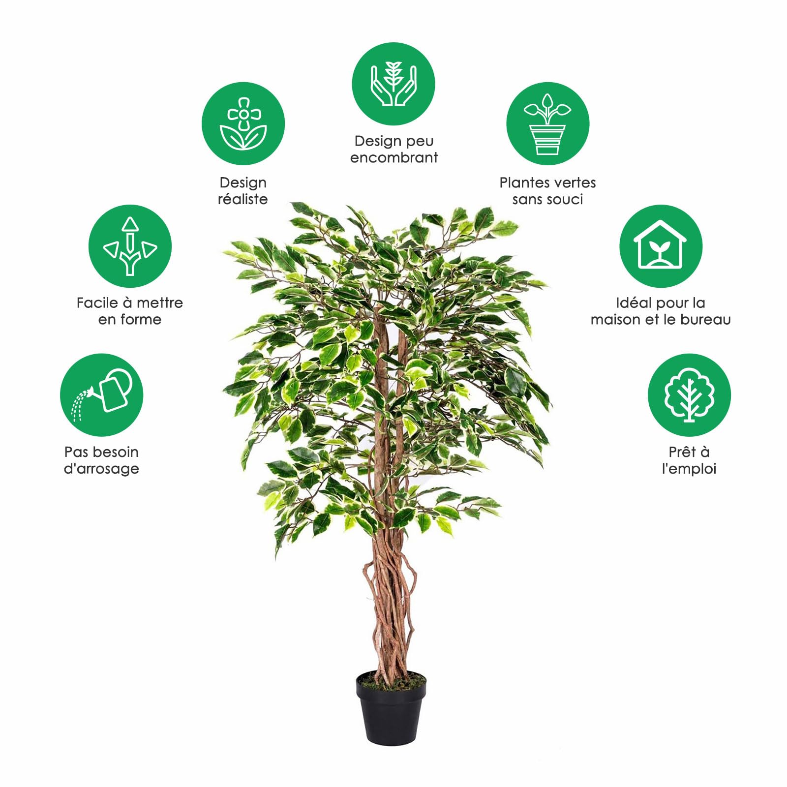 HOMESCAPES Arbre Artificiel Ficus Benjamina, Plante d’intérieur Figuier pleureur en Pot, avec Tronc en Bois véritable, Feuilles panachées 120 cm, Décoration de la Maison et du Bureau