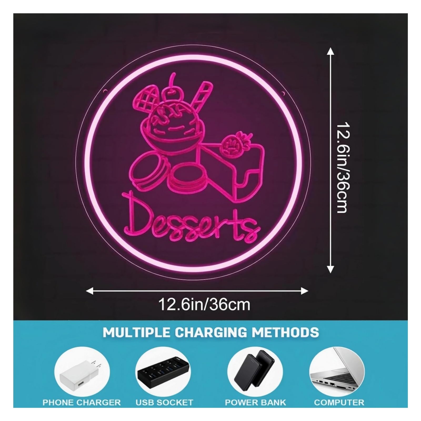 Decoración de Fiesta con Letrero de neón Letrero De Neón Desserts con Helado, Pastel, Grabado 3D, Luz USB, Decoración De Pared Iluminada para Panadería Cafetería Tienda De Postres 36cmx36cm
