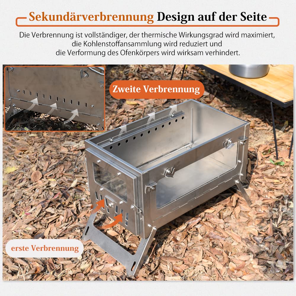 TOMOUNT Zeltofen Titanium Ofen Titan Kompakt 38,5cm Holzofen Tragbar Campingherde mit 3M Schornsteinrohr Holzkocher für Zelte, Unterkünfte und Camping