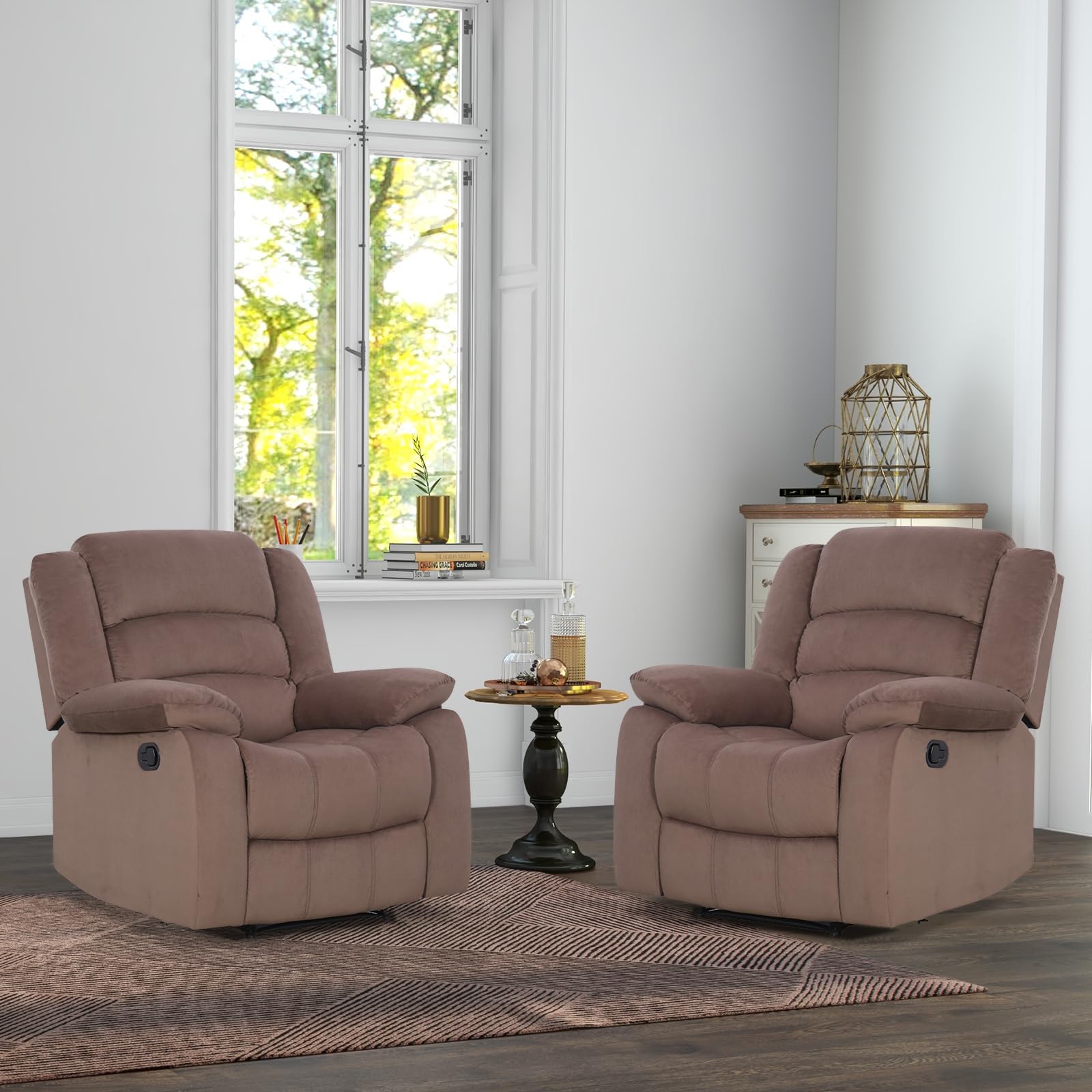 ANJ Fabric Recliner Chair Set of 2, with Overstuffed Arm and Back, Comfy Chocolate Manual Reclining Chairs for Adults, Living Room Single Sofa