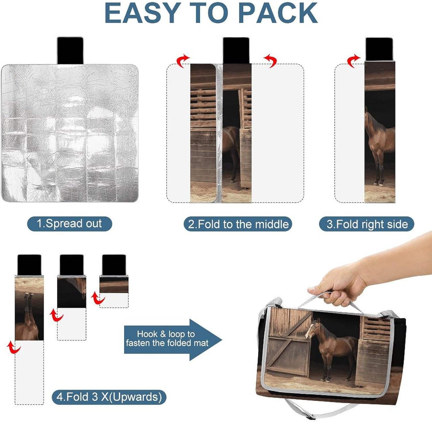 Barn Horse Waterproof Picnic Blanket 58.3''x58.3'',Portable and Foldable Picnic Mat with Handle,Outdoor Blankets for Lawn Park Beach Travel