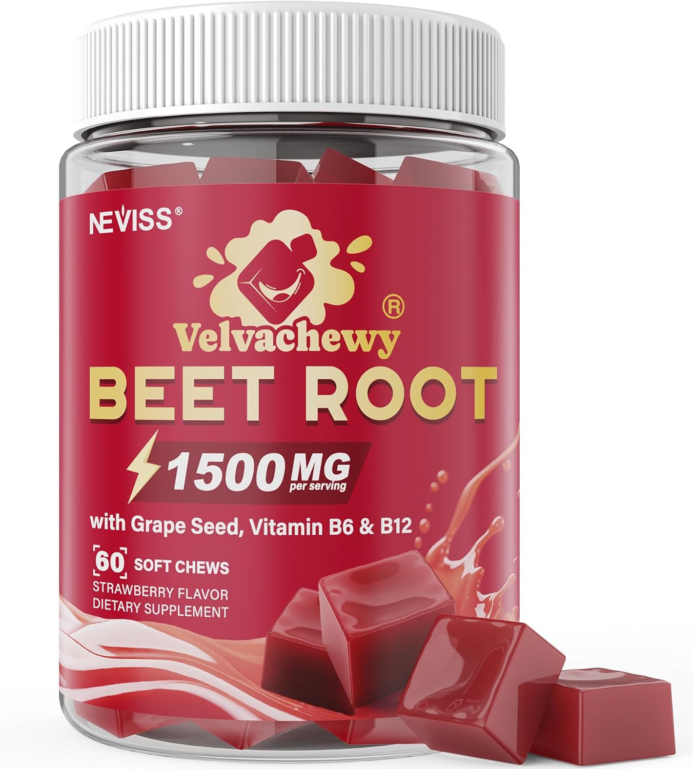 Organic Beet Chews 1500mg, Beet Root Gummies, 5 IN 1 Beets Supplements w/ Grape Seed, L-Citrulline, Vitamin B6 & B12 for Héāŗt Healthy Energy, Nitric Oxide, Healthy Blood Circulation, 60 Beets Chews