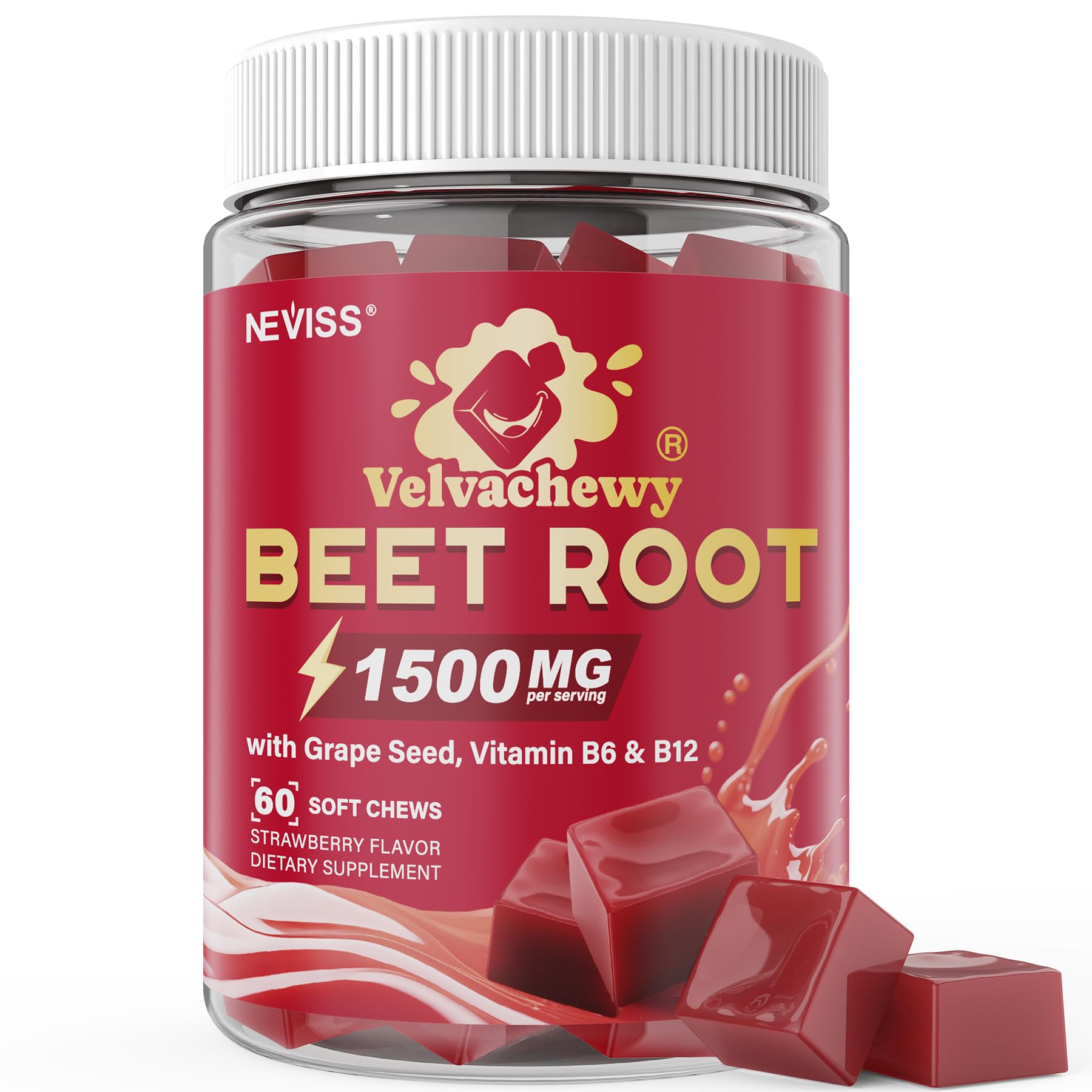 Super Beet Chews 1500mg, 5 IN 1 Beet Root Nitric Oxide Supplement, 60 Cts