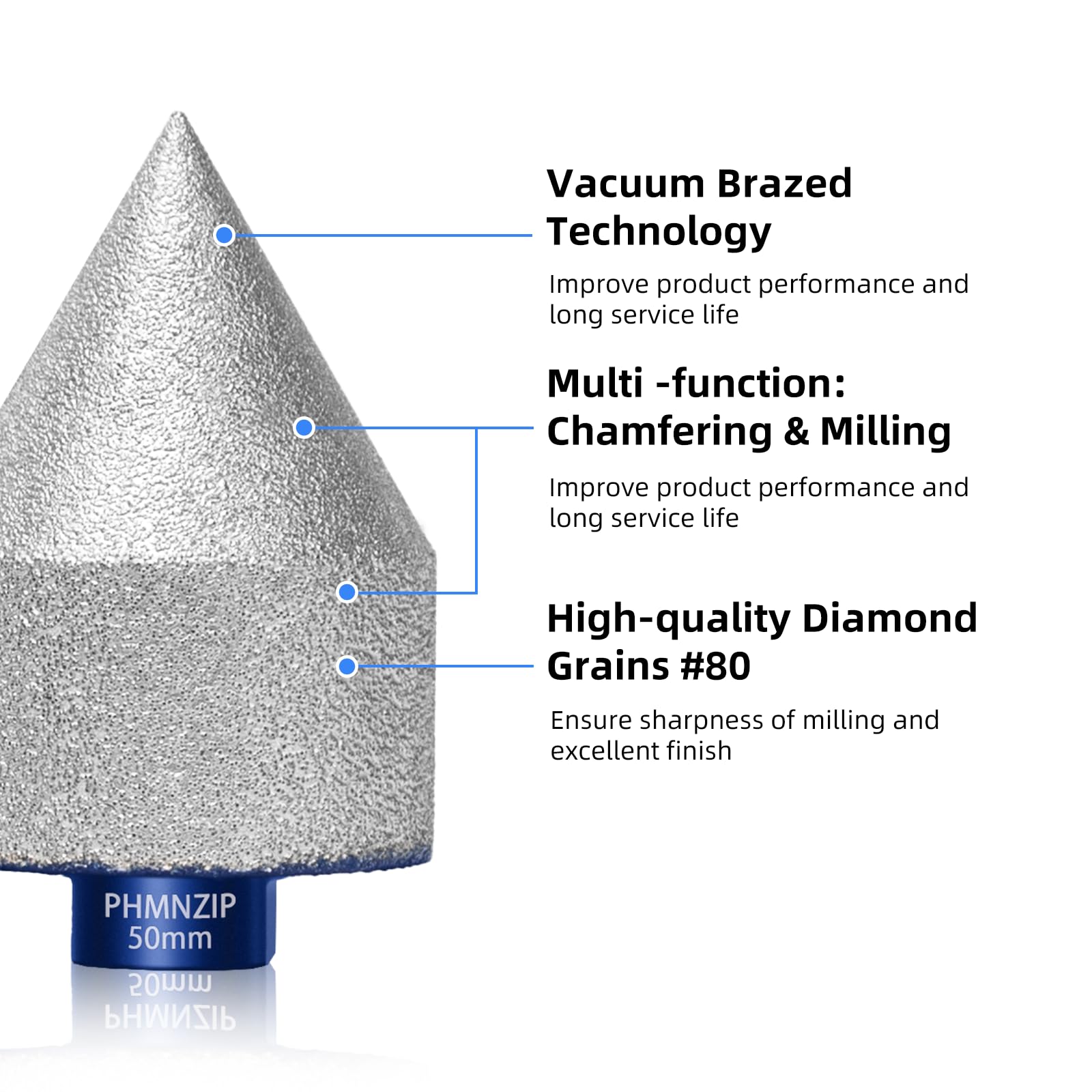Fraise à Chanfreiner Diamantées Fraisage à Doigts 50 mm Bit de Chanfrein pour Carrelage Marbre Céramique Granit Finition Nettoyage Agrandissement Meulage des Trous Existants