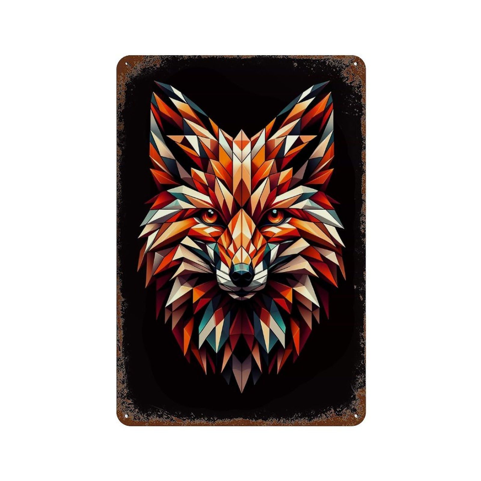 Rust Effect Geometric Fox Distressed Metal Wall Sign 11.8"x7.9", Farmhouse Wall Decor for Office, Studio And Wall Decor