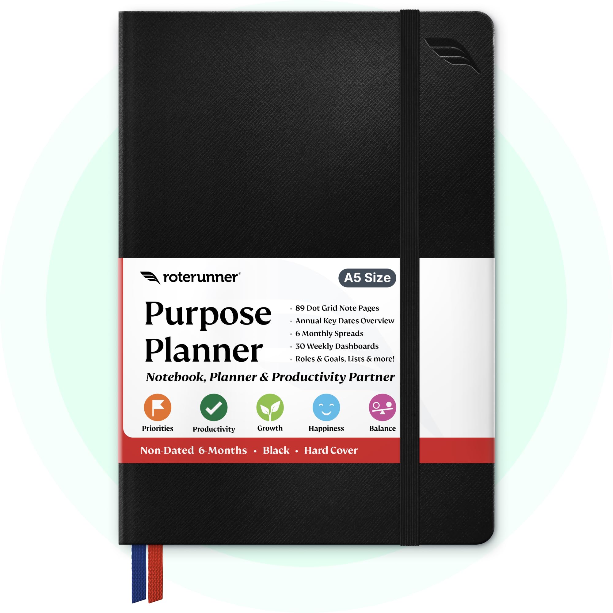 RoterunnerPurpose Planner Notebook A5 5.8”x8.3” Undated Planner 2025 Daily Weekly and Monthly Productivity Goal Setting Tool for Work Home ADHD Planner for Adults Self Care Journal (Black Hardcover)