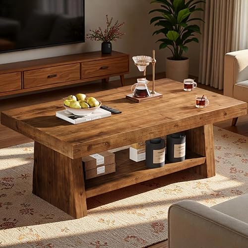 Solid Wood Coffee Table, 47-Inch Farmhouse Wooden Coffee Table for Living Room, 2-Tier Rectangular Center Table with Storage for Apartment, Home Office, Dark Brown
