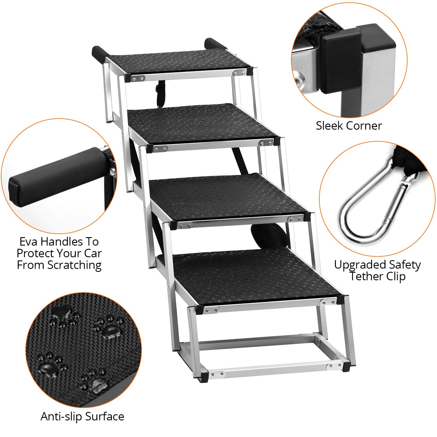 Dog Stairs QWORK 4-trap Hondenlift – Handige Instapoplossing Voor Je Hond, Inklapbaar & Verstelbaar Tot 64cm, Kan Tot 80kg Aan Hondentrap Inklapbaar